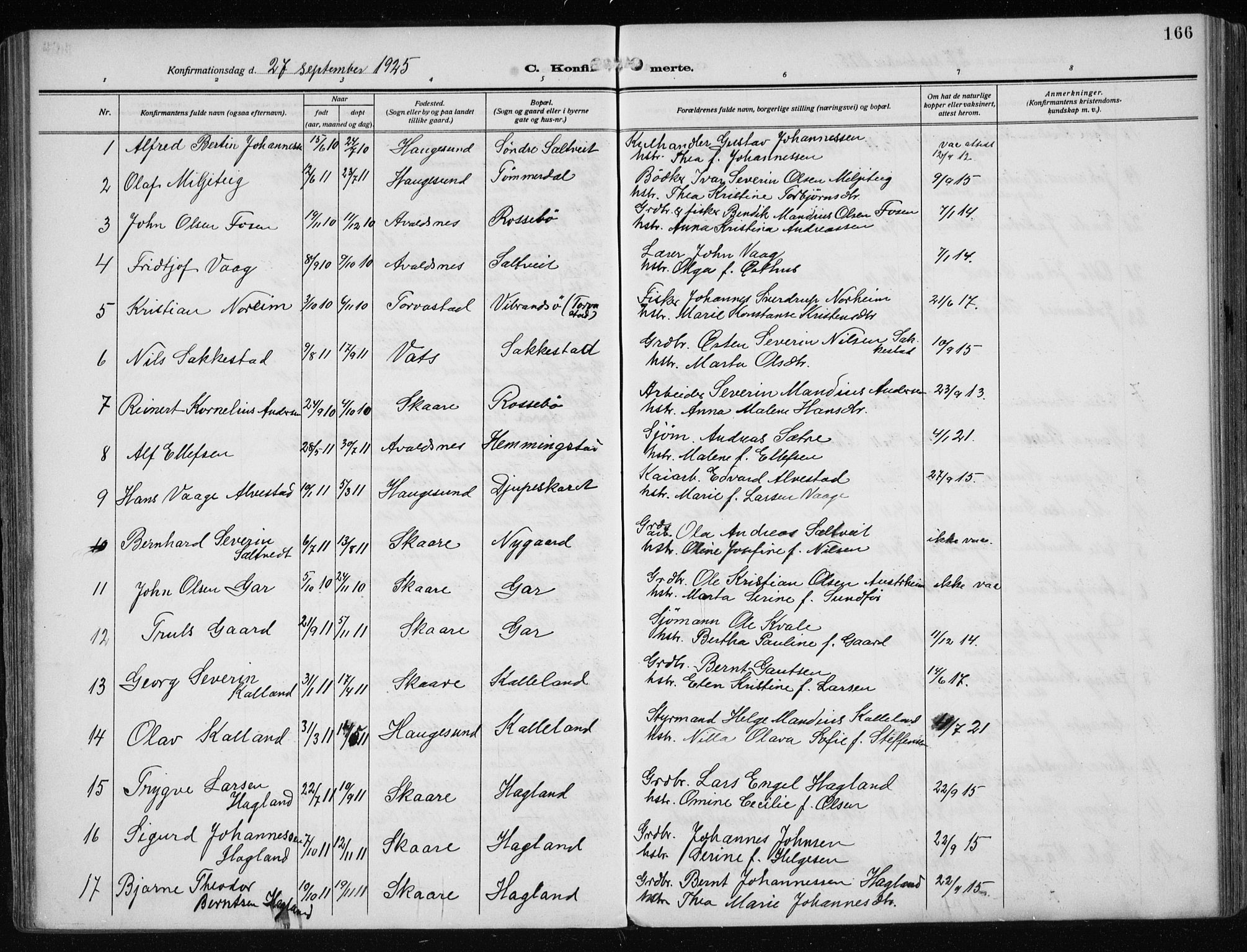 Haugesund sokneprestkontor, SAST/A -101863/H/Ha/Haa/L0010: Parish register (official) no. A 10, 1909-1935, p. 166