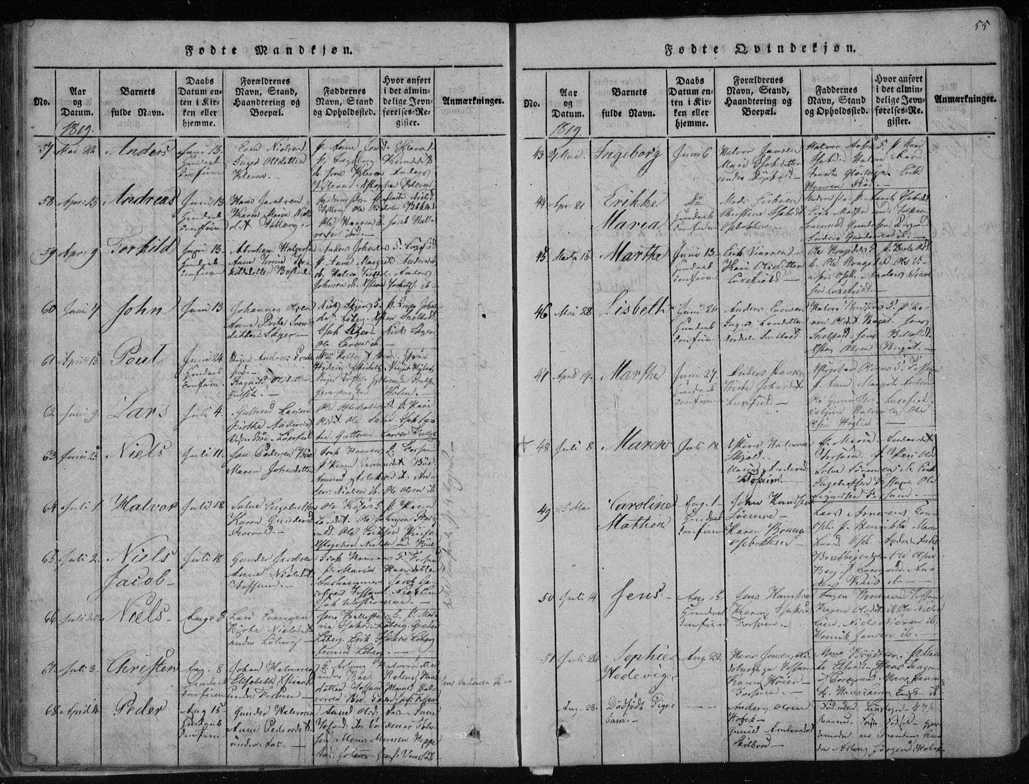 Gjerpen kirkebøker, SAKO/A-265/F/Fa/L0004: Parish register (official) no. I 4, 1814-1823, p. 55