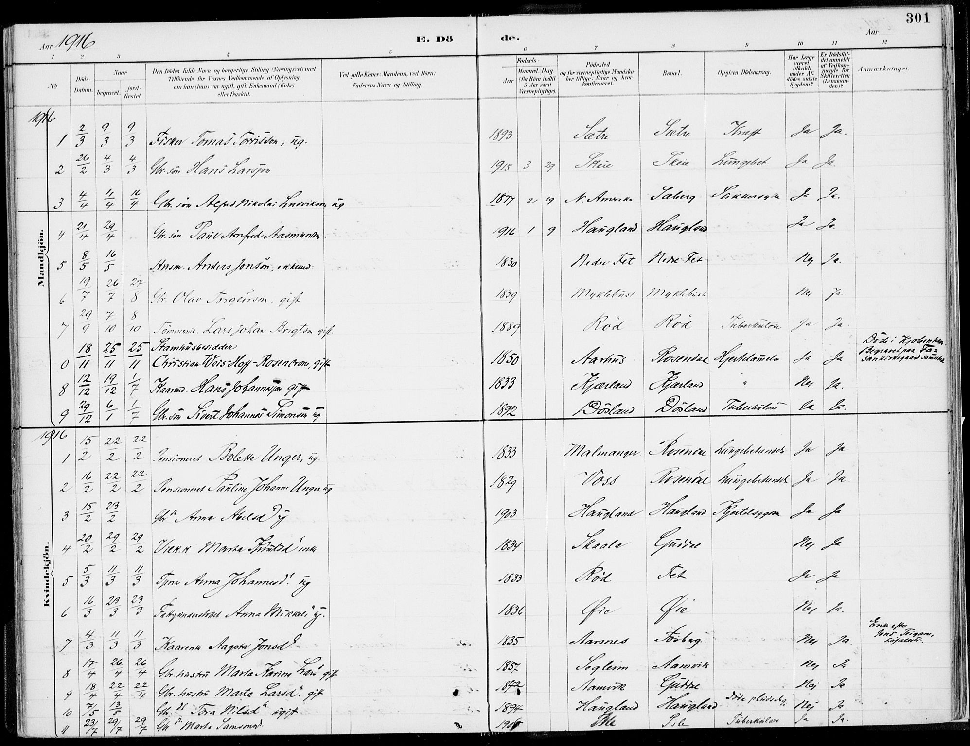 Kvinnherad sokneprestembete, SAB/A-76401/H/Haa: Parish register (official) no. B  1, 1887-1921, p. 301