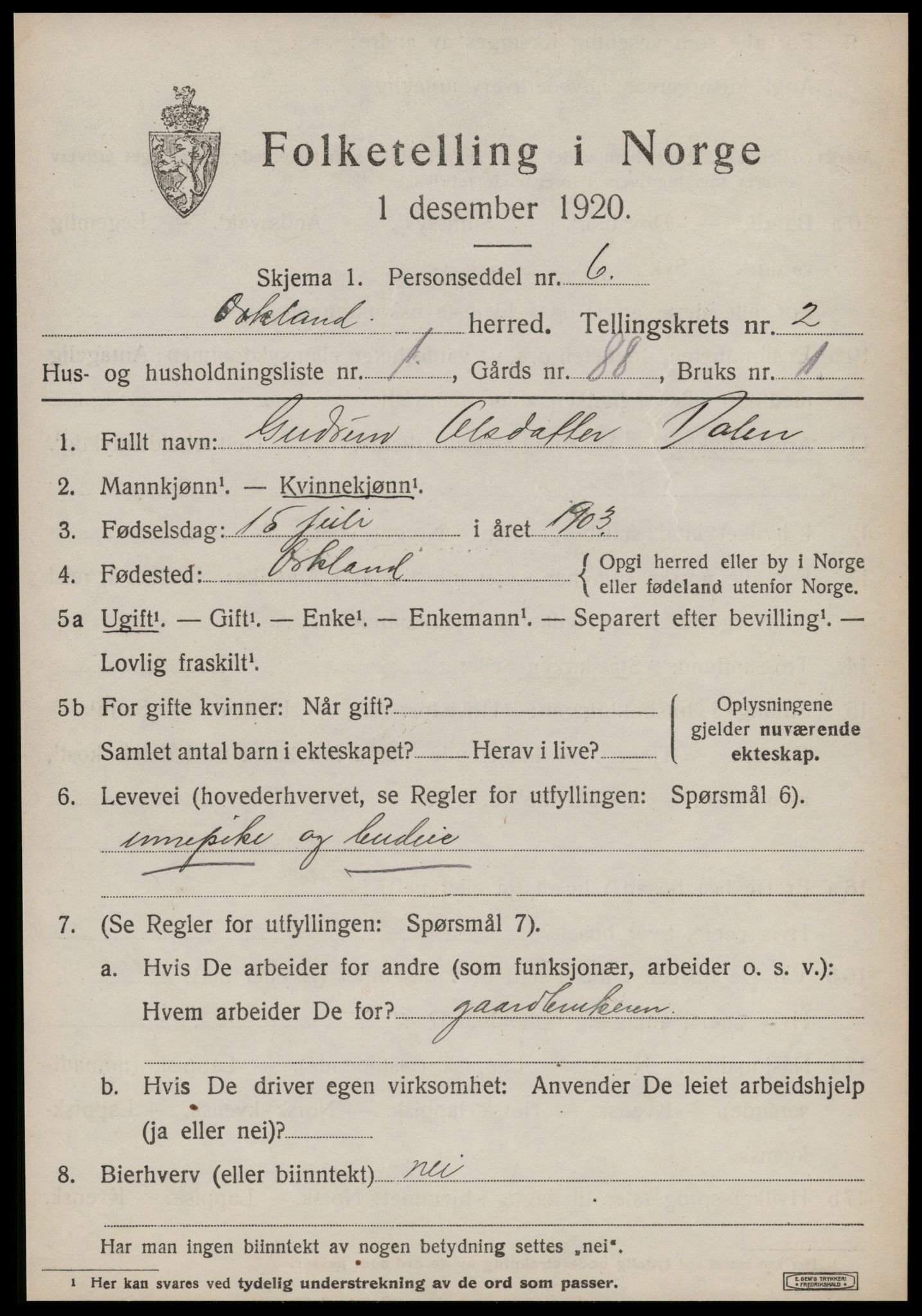 SAT, 1920 census for Orkland, 1920, p. 1684