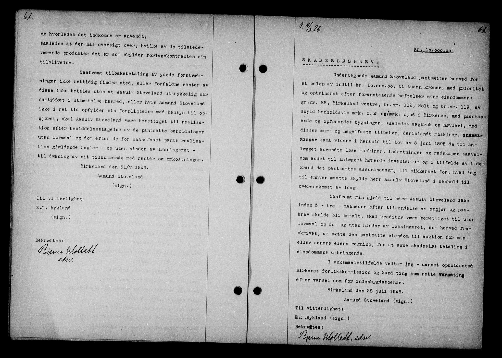 Vestre Nedenes/Sand sorenskriveri, AV/SAK-1221-0010/G/Gb/Gba/L0036: Mortgage book no. 62, 1926-1928, p. 62-63