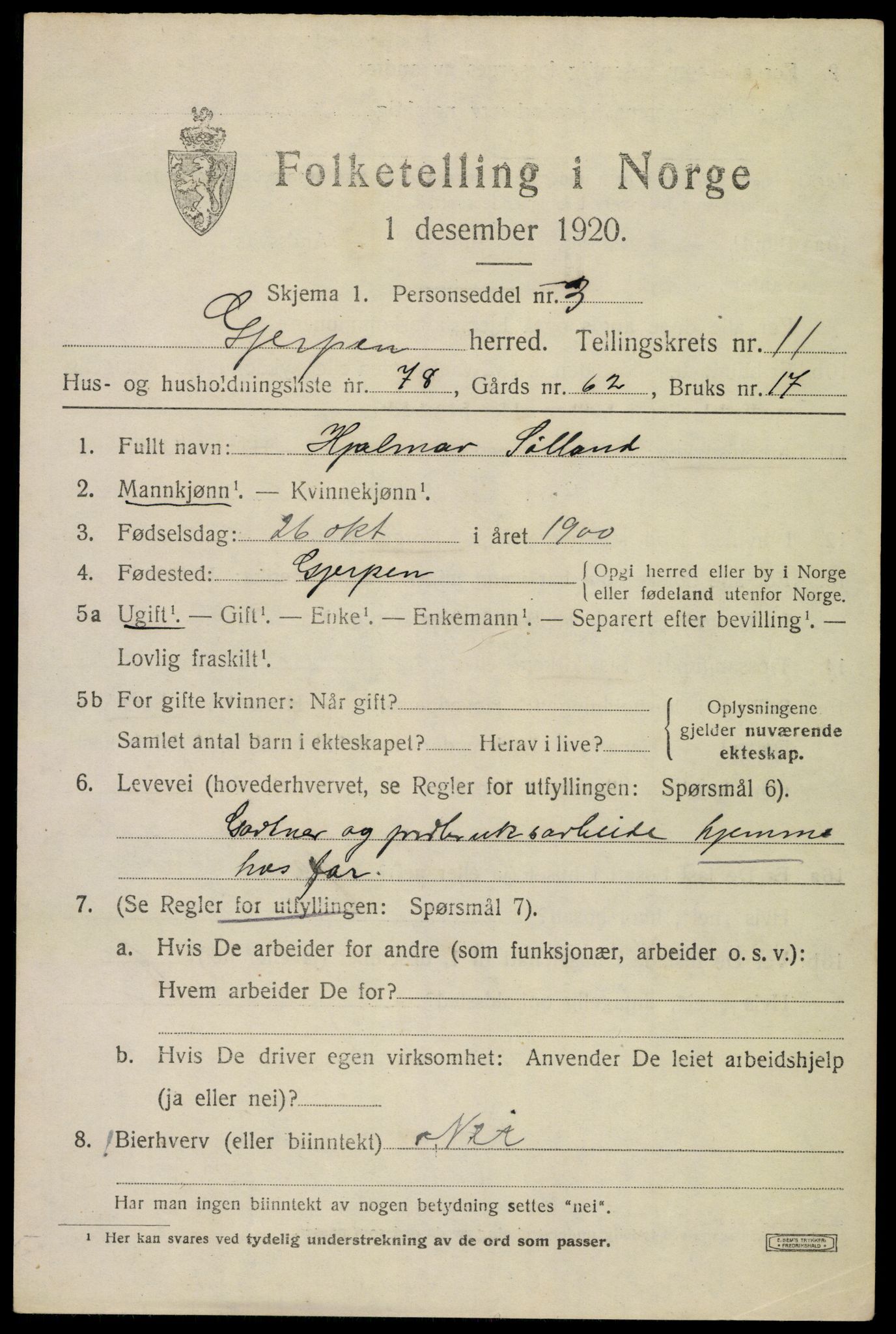 SAKO, 1920 census for Gjerpen, 1920, p. 13222