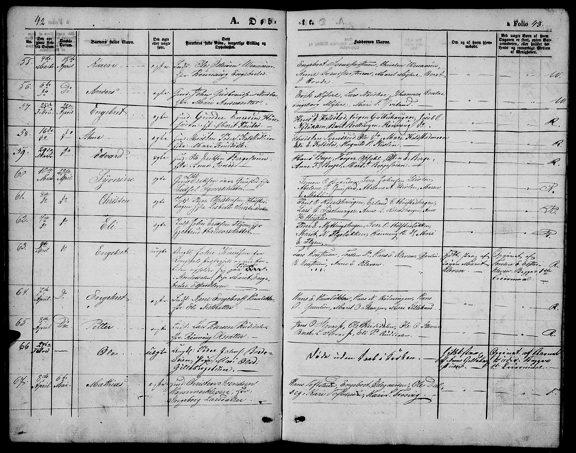 Ringebu prestekontor, AV/SAH-PREST-082/H/Ha/Hab/L0003: Parish register (copy) no. 3, 1854-1866, p. 42-43