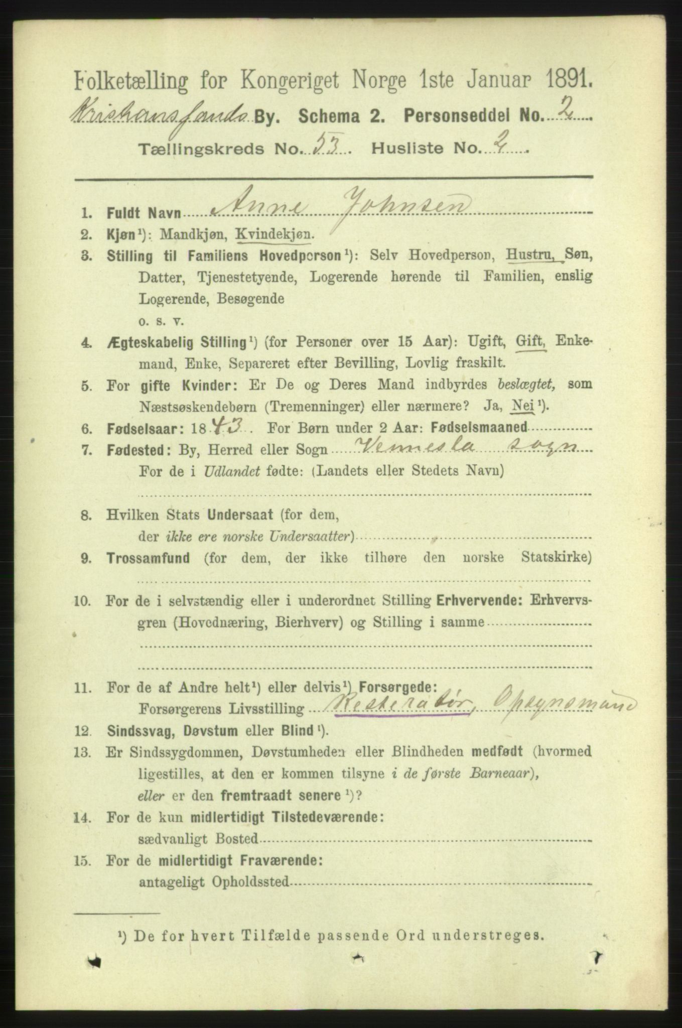 RA, 1891 census for 1001 Kristiansand, 1891, p. 15257