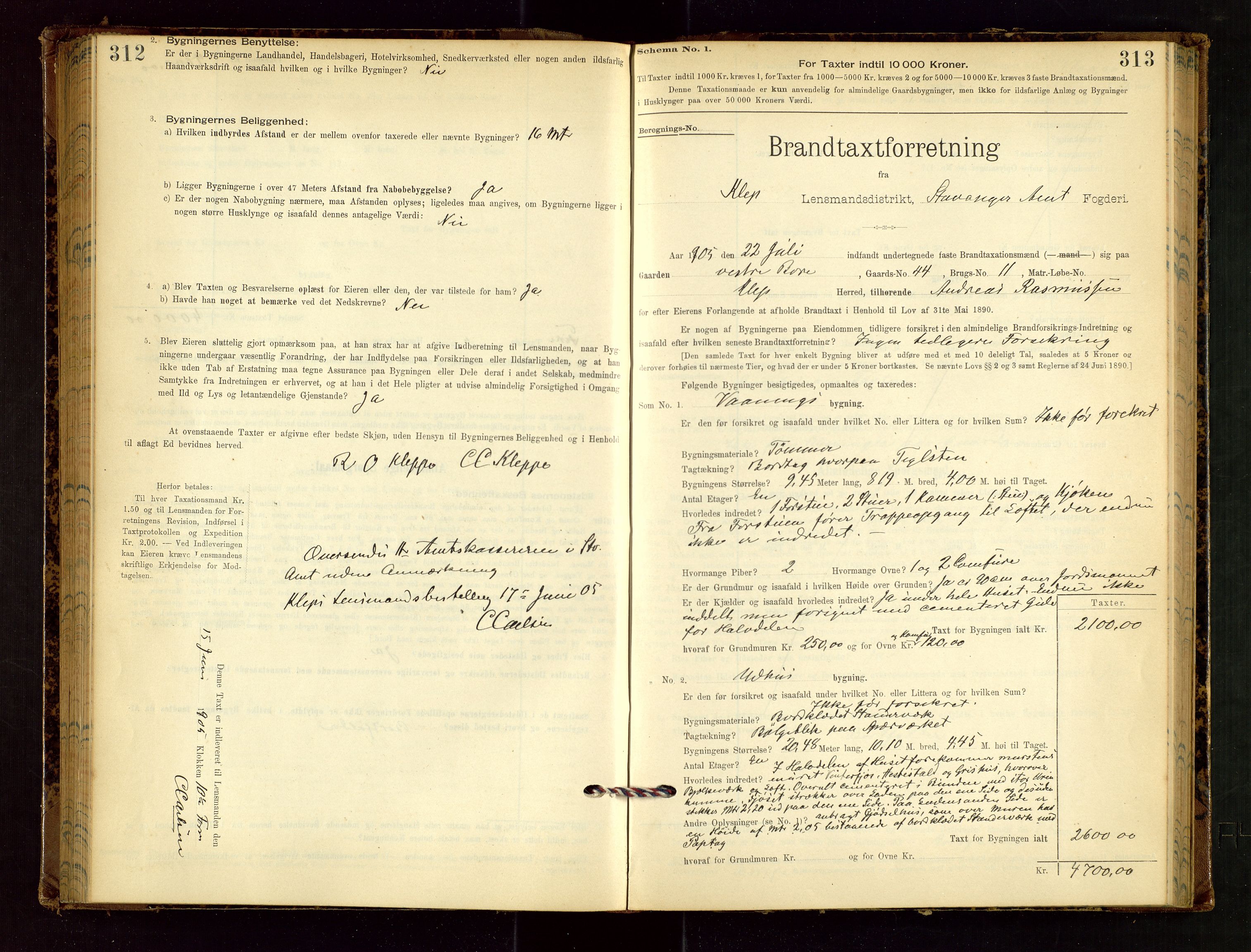 Klepp lensmannskontor, SAST/A-100163/Goc/L0002: "Brandtaxationsprotokol" m/register, 1898-1902, p. 312-313