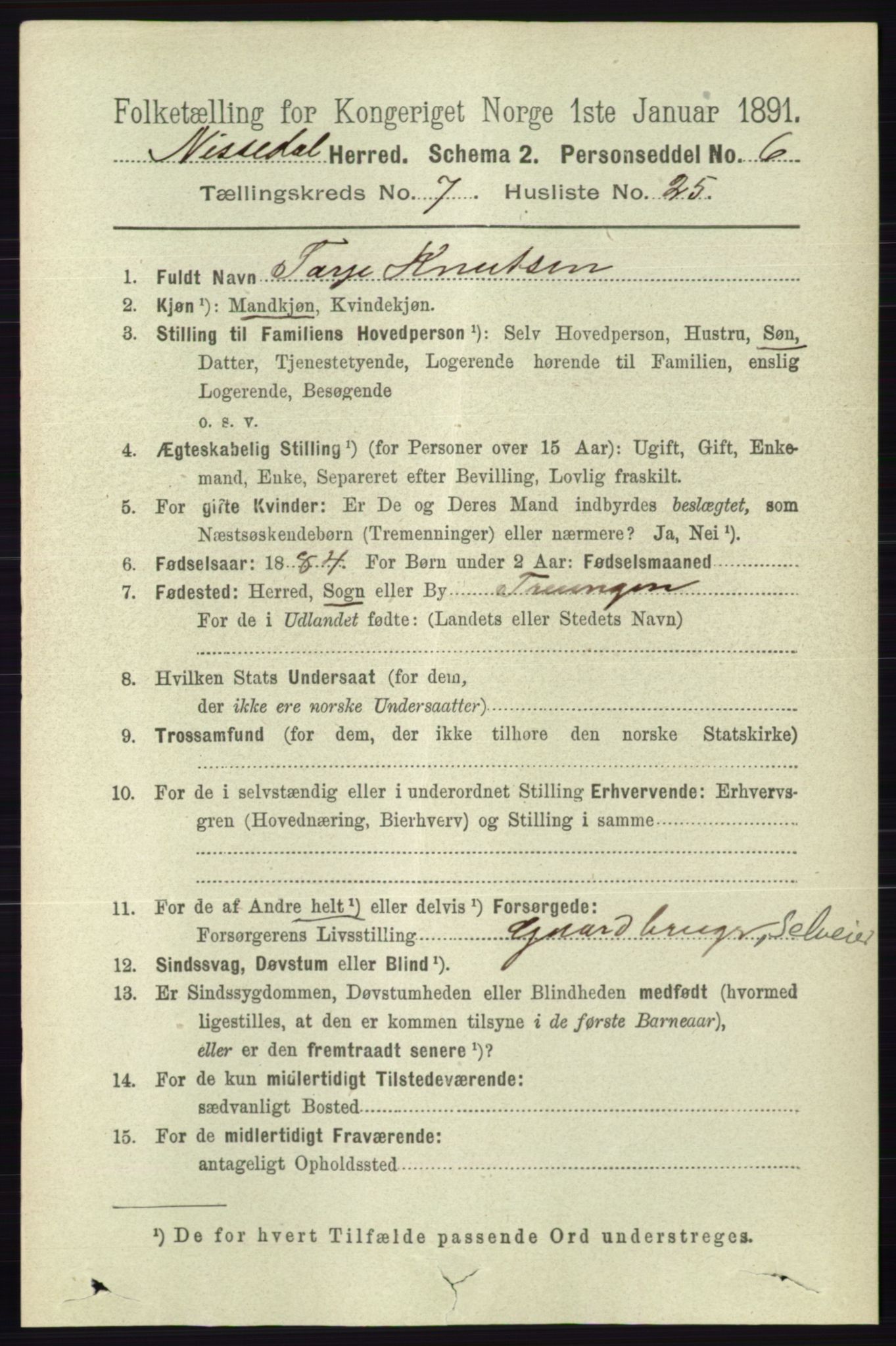 RA, 1891 census for 0830 Nissedal, 1891, p. 1637