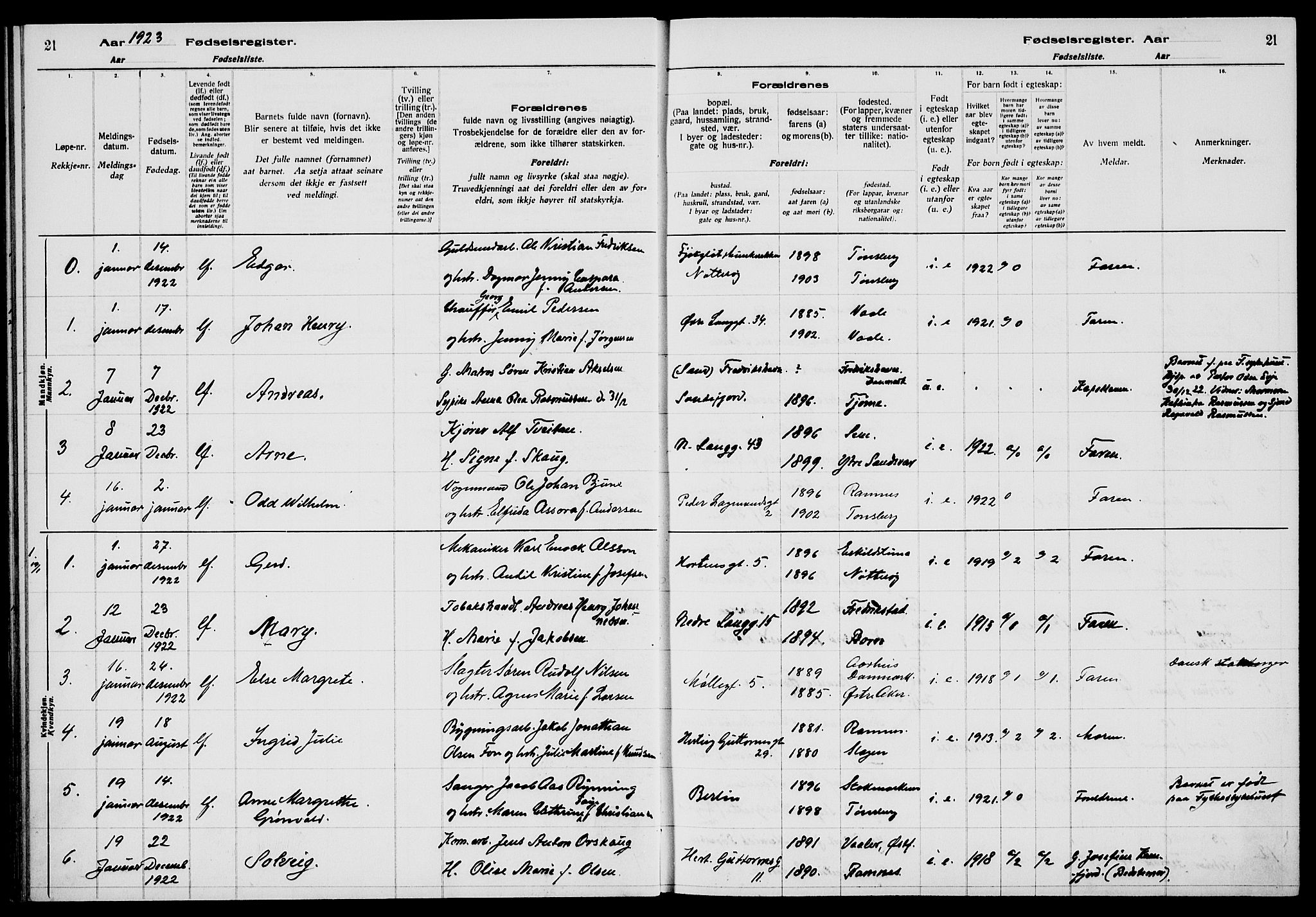 Tønsberg kirkebøker, AV/SAKO-A-330/J/Ja/L0002: Birth register no. 2, 1922-1928, p. 21