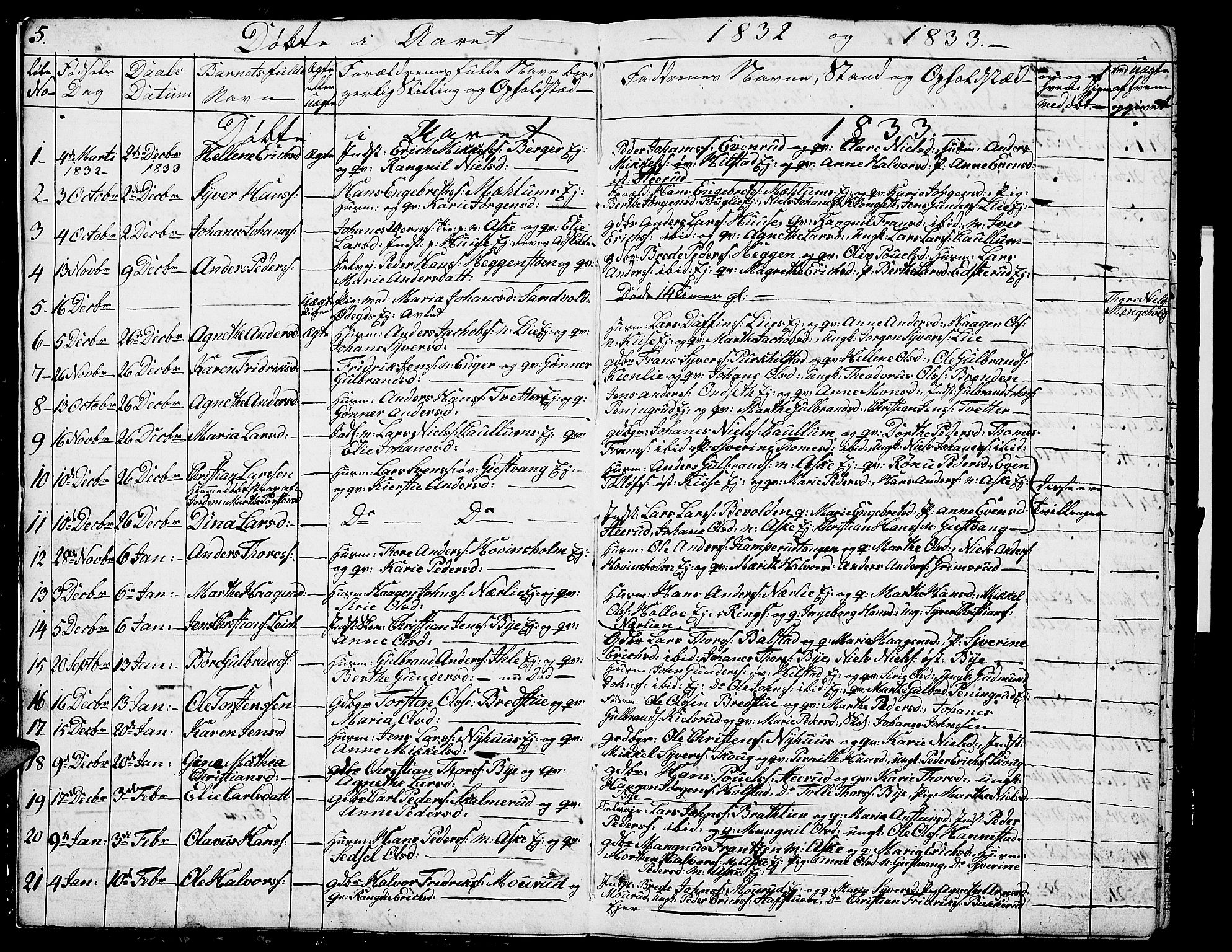 Nes prestekontor, Hedmark, SAH/PREST-020/L/La/L0004: Parish register (copy) no. 4, 1832-1861, p. 5