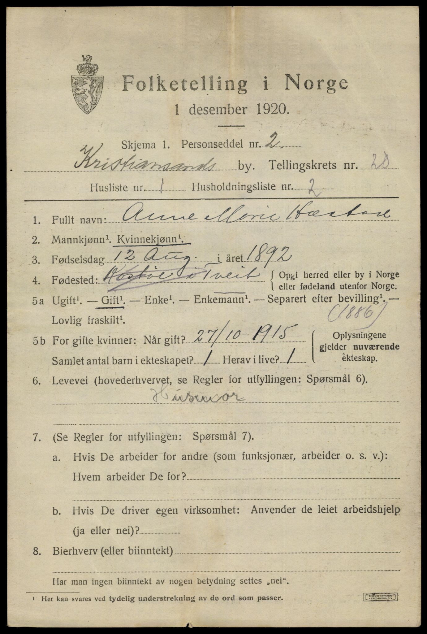 SAK, 1920 census for Kristiansand, 1920, p. 35727