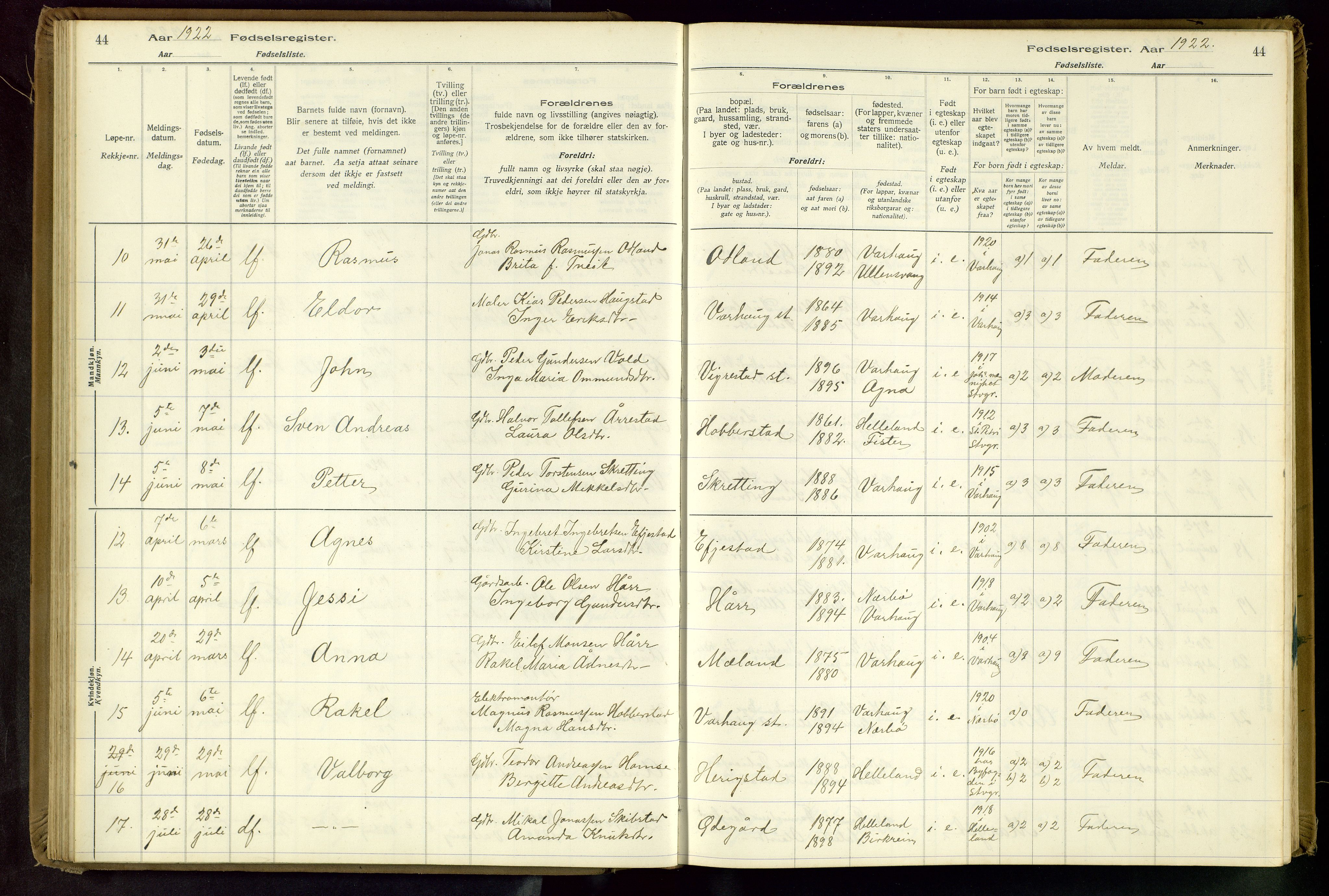 Hå sokneprestkontor, AV/SAST-A-101801/001/704BA/L0001: Birth register no. 1, 1916-1944, p. 44