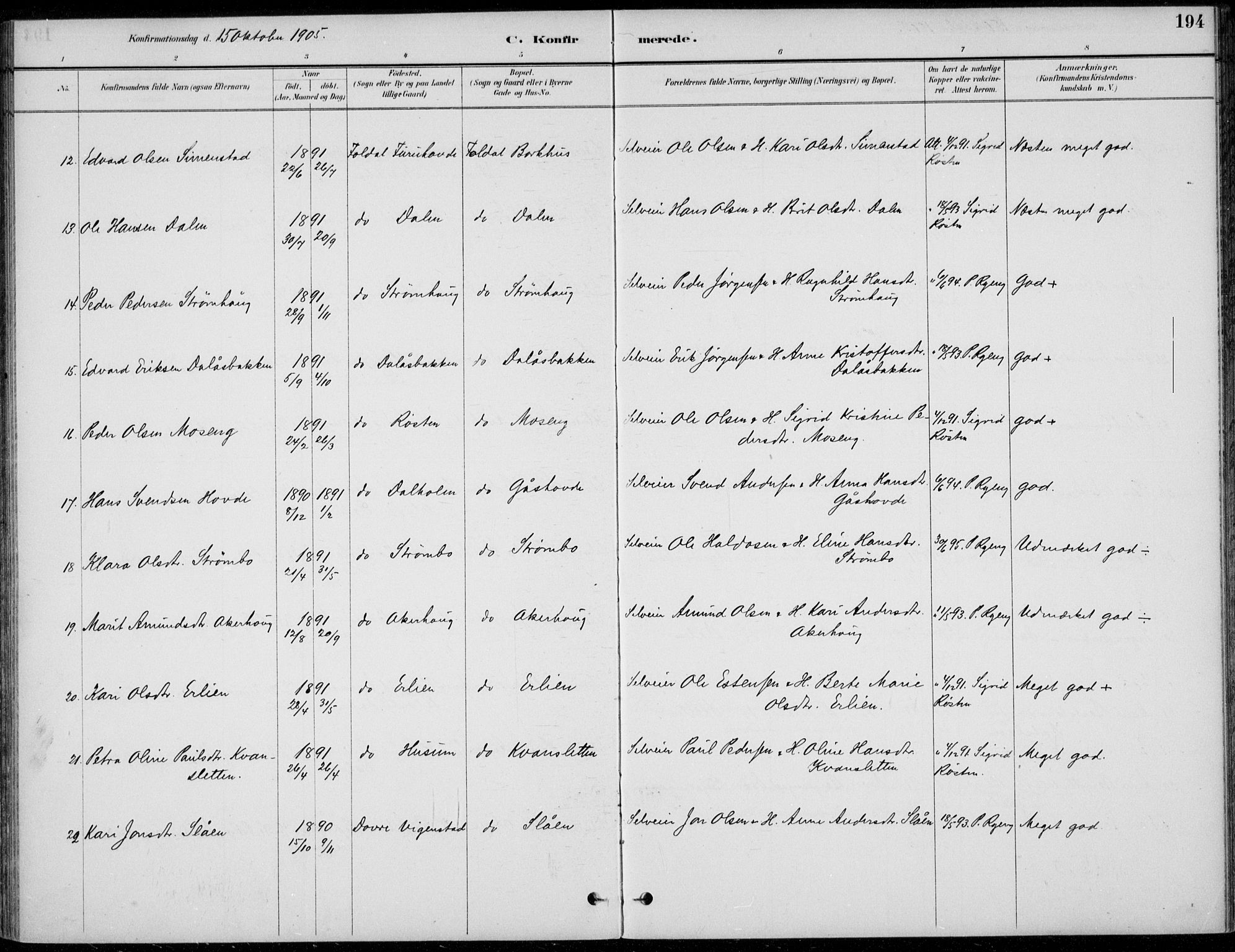Alvdal prestekontor, SAH/PREST-060/H/Ha/Haa/L0003: Parish register (official) no. 3, 1886-1912, p. 194
