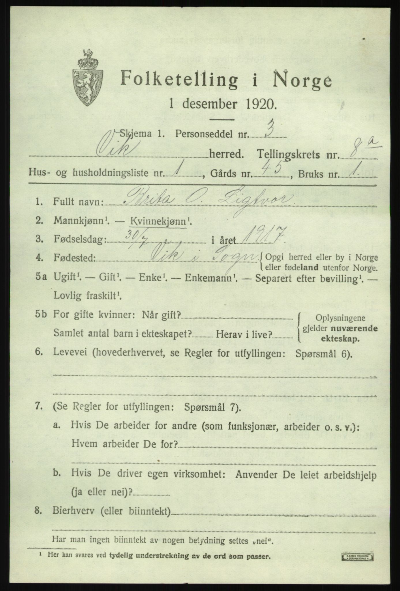 SAB, 1920 census for Vik, 1920, p. 5373