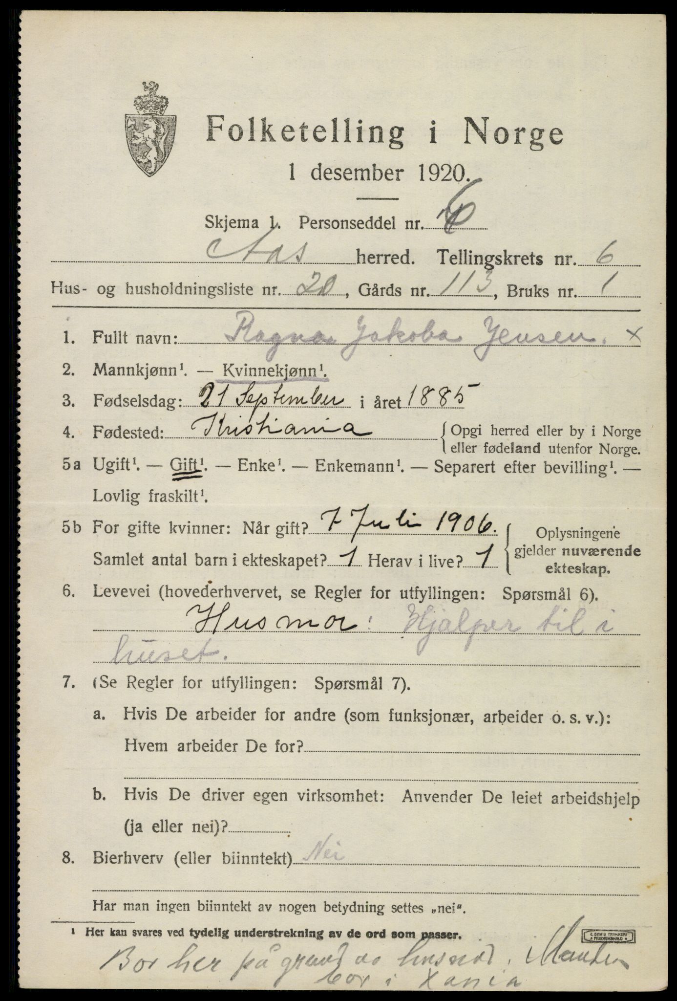 SAO, 1920 census for Ås, 1920, p. 7058