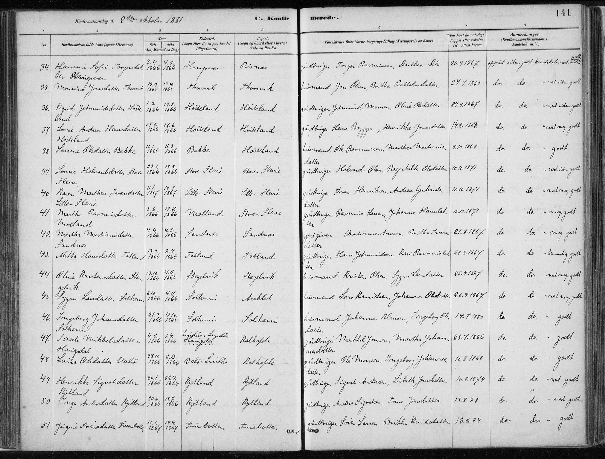 Masfjorden Sokneprestembete, AV/SAB-A-77001: Parish register (official) no. B  1, 1876-1899, p. 141