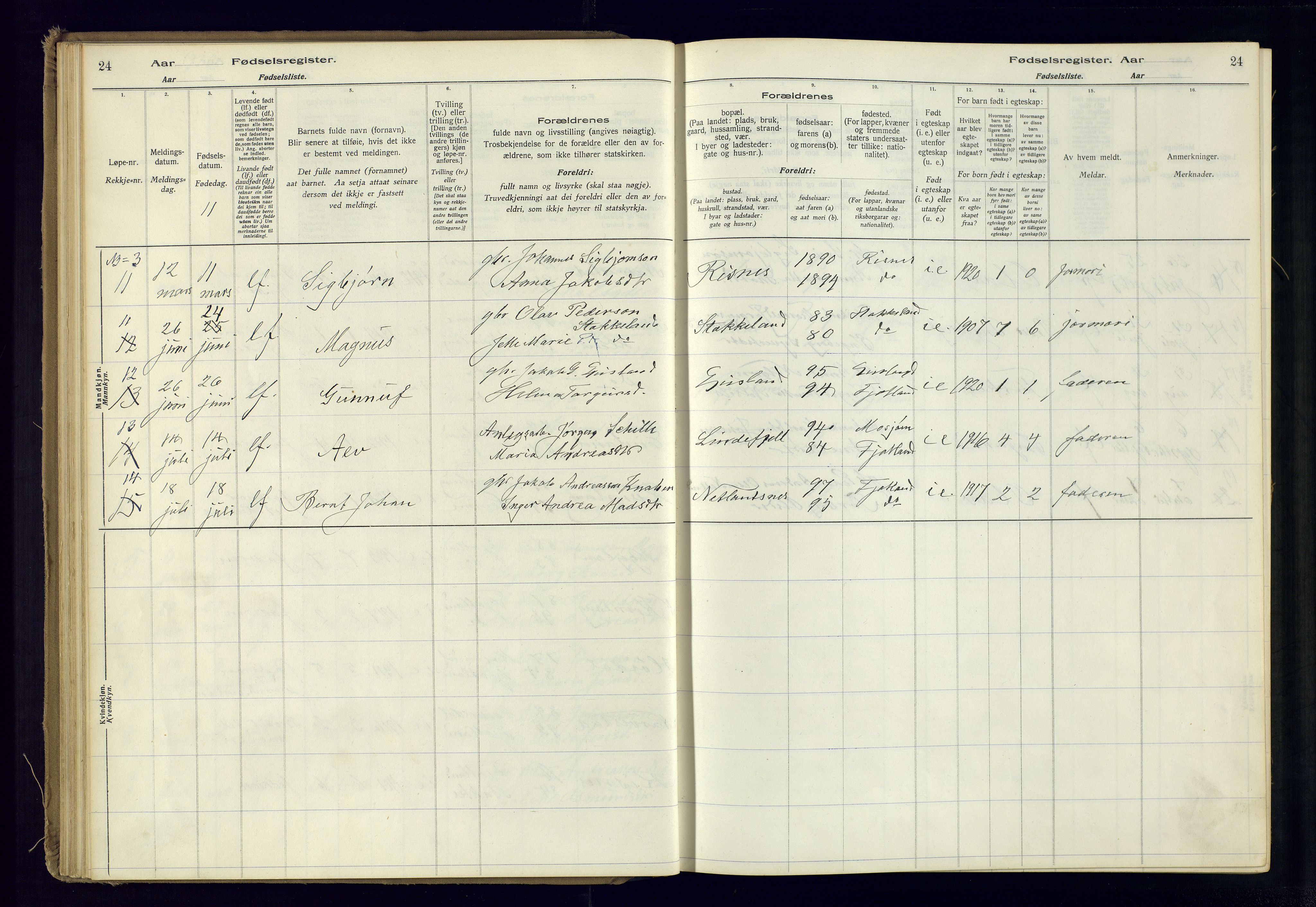 Fjotland sokneprestkontor, AV/SAK-1111-0010/J/Ja/L0001: Birth register no. 1, 1916-1981, p. 24