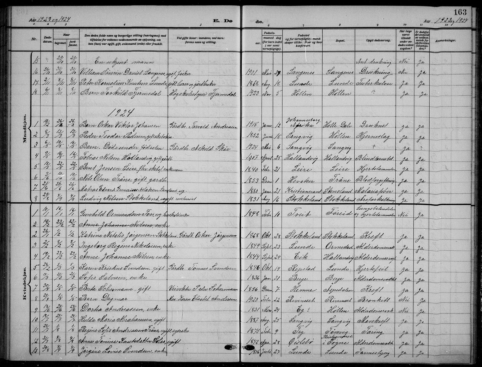 Søgne sokneprestkontor, SAK/1111-0037/F/Fb/Fbb/L0007: Parish register (copy) no. B 7, 1912-1931, p. 163