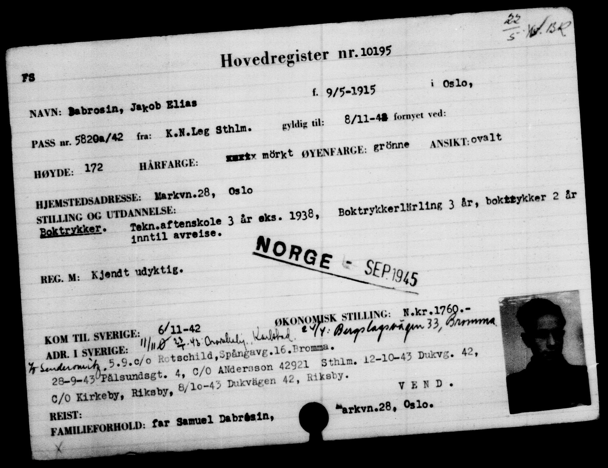 Utenriksstasjonene, Legasjonen i Stockholm, Flyktningkontoret, AV/RA-S-6753/V/Va/L0006: Kjesäterkartoteket, flyktninger med registreringsnr. 9400-12711, 1940-1945, p. 912