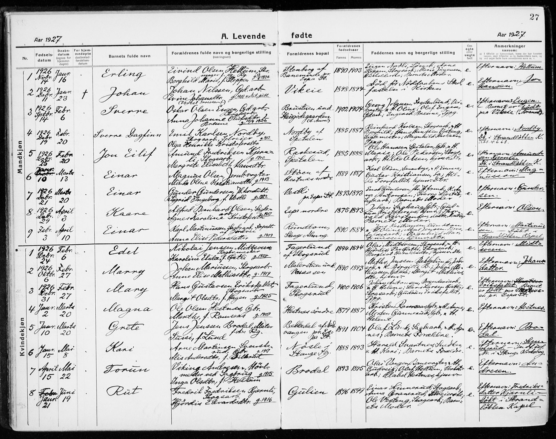 Stange prestekontor, AV/SAH-PREST-002/K/L0025: Parish register (official) no. 25, 1921-1945, p. 27