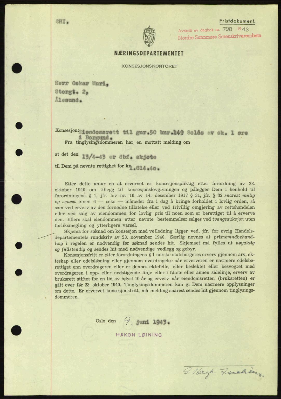 Nordre Sunnmøre sorenskriveri, SAT/A-0006/1/2/2C/2Ca: Mortgage book no. B6-14 a, 1942-1945, Diary no: : 798/1943