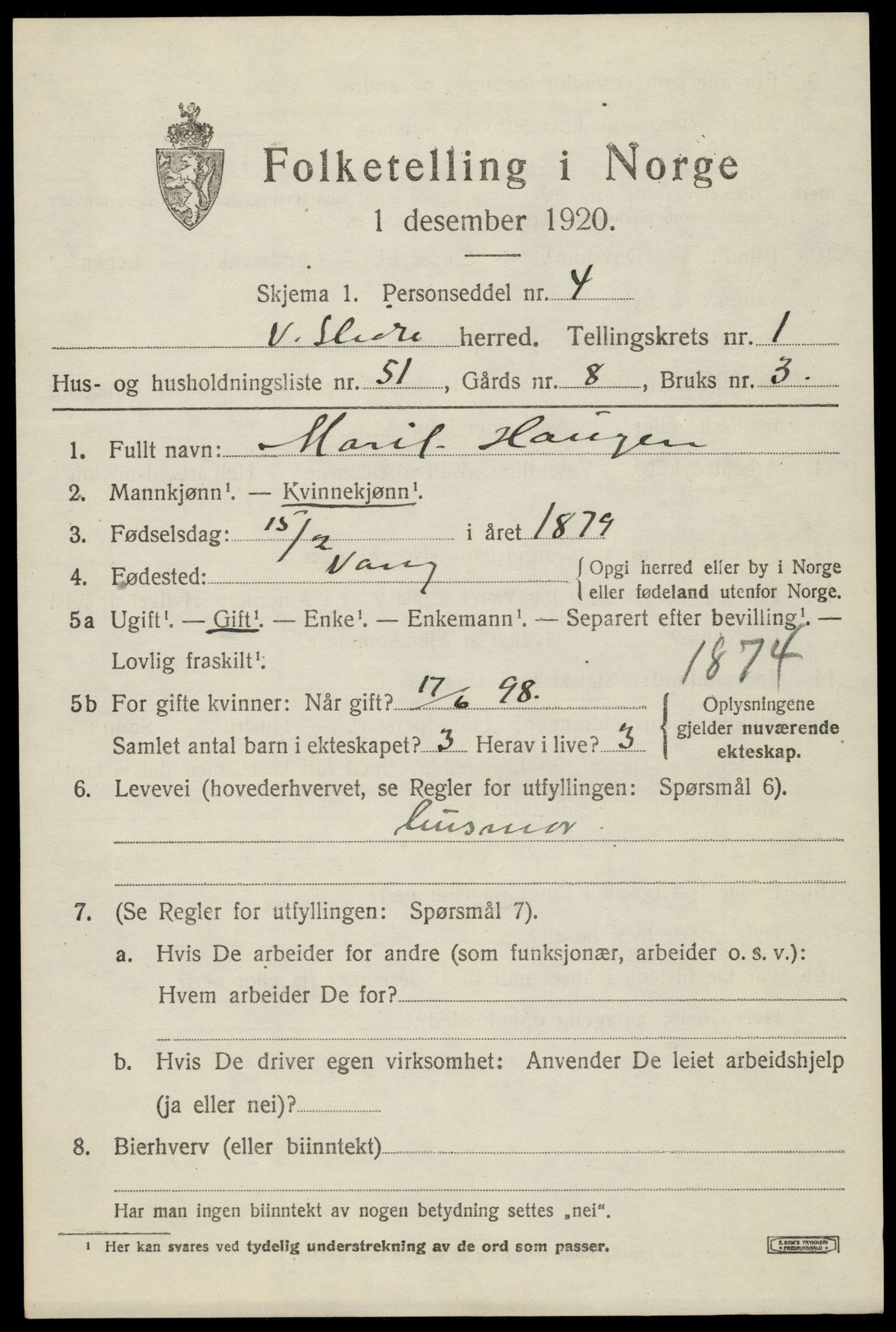 SAH, 1920 census for Vestre Slidre, 1920, p. 1544