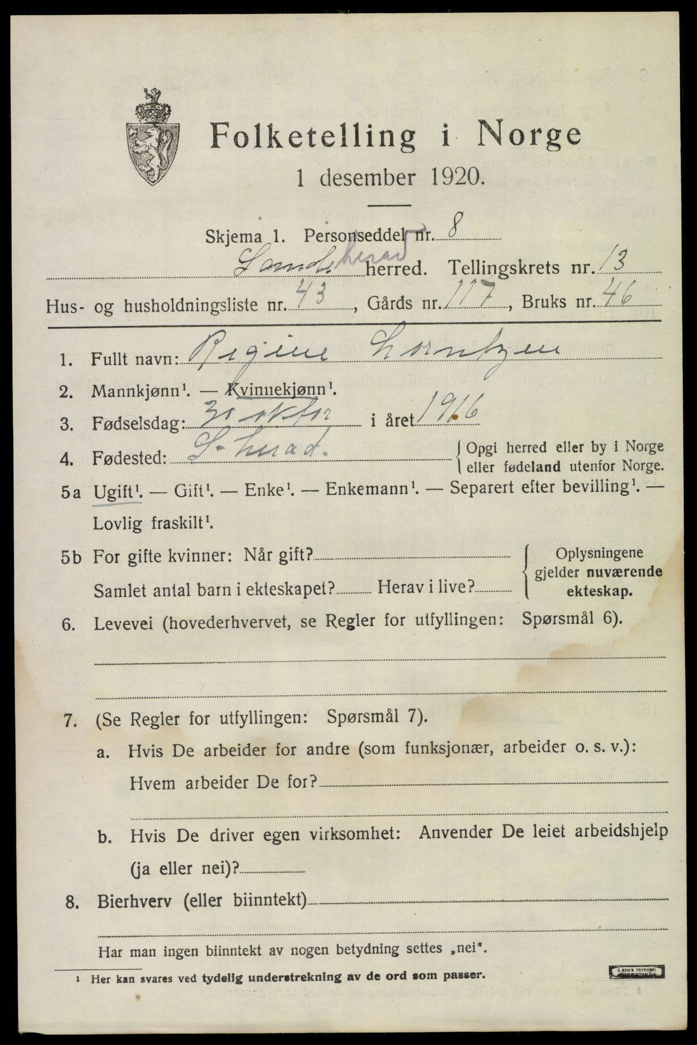 SAKO, 1920 census for Sandeherred, 1920, p. 19822