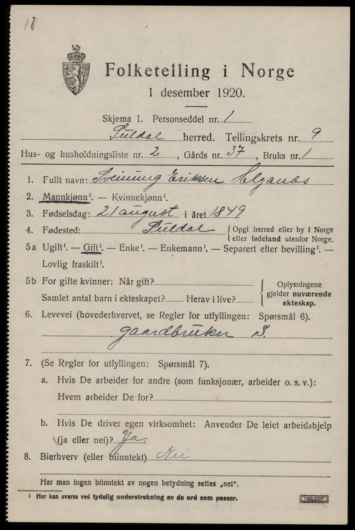 SAST, 1920 census for Suldal, 1920, p. 2154