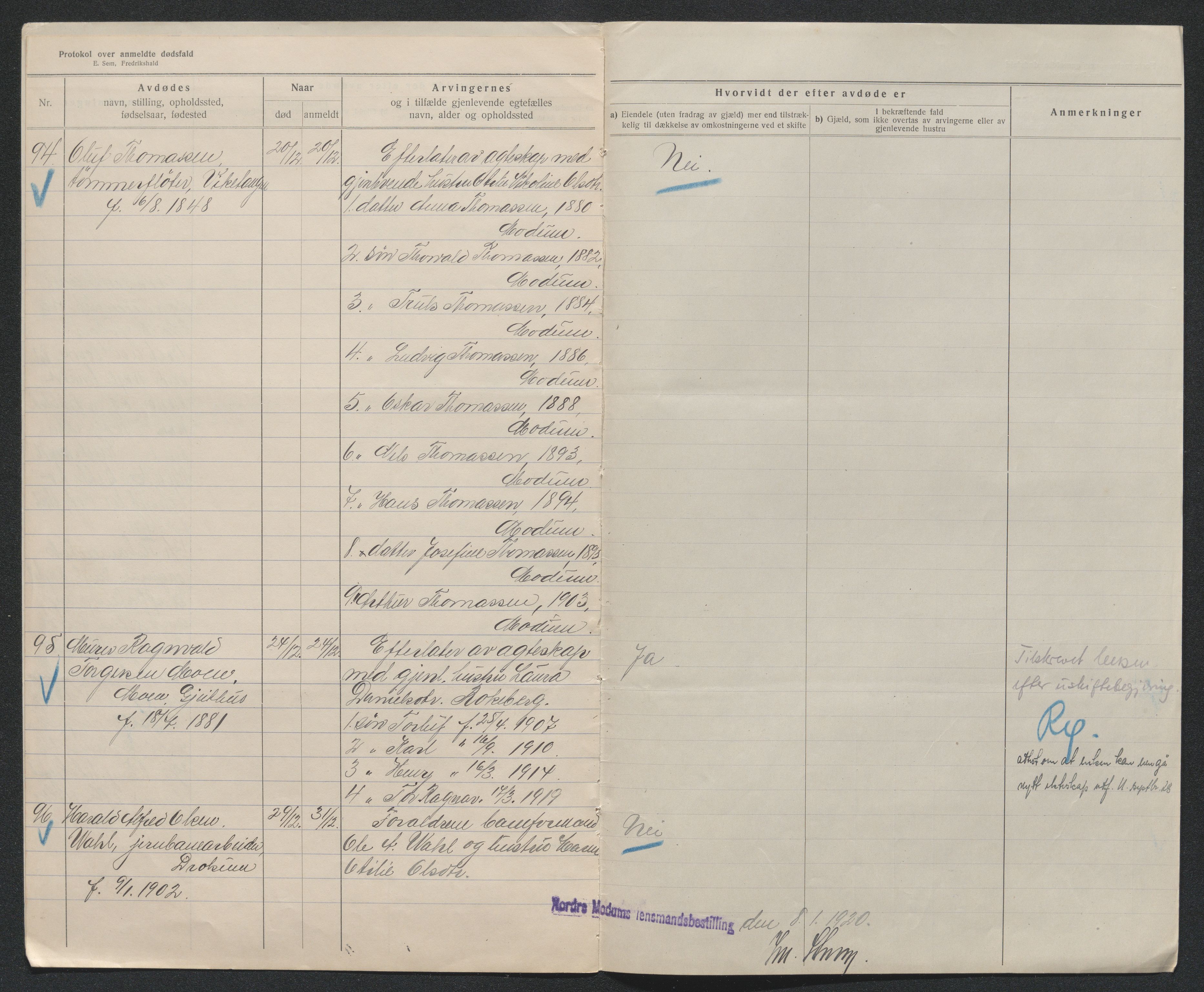 Eiker, Modum og Sigdal sorenskriveri, AV/SAKO-A-123/H/Ha/Hab/L0039: Dødsfallsmeldinger, 1918-1919, p. 1202