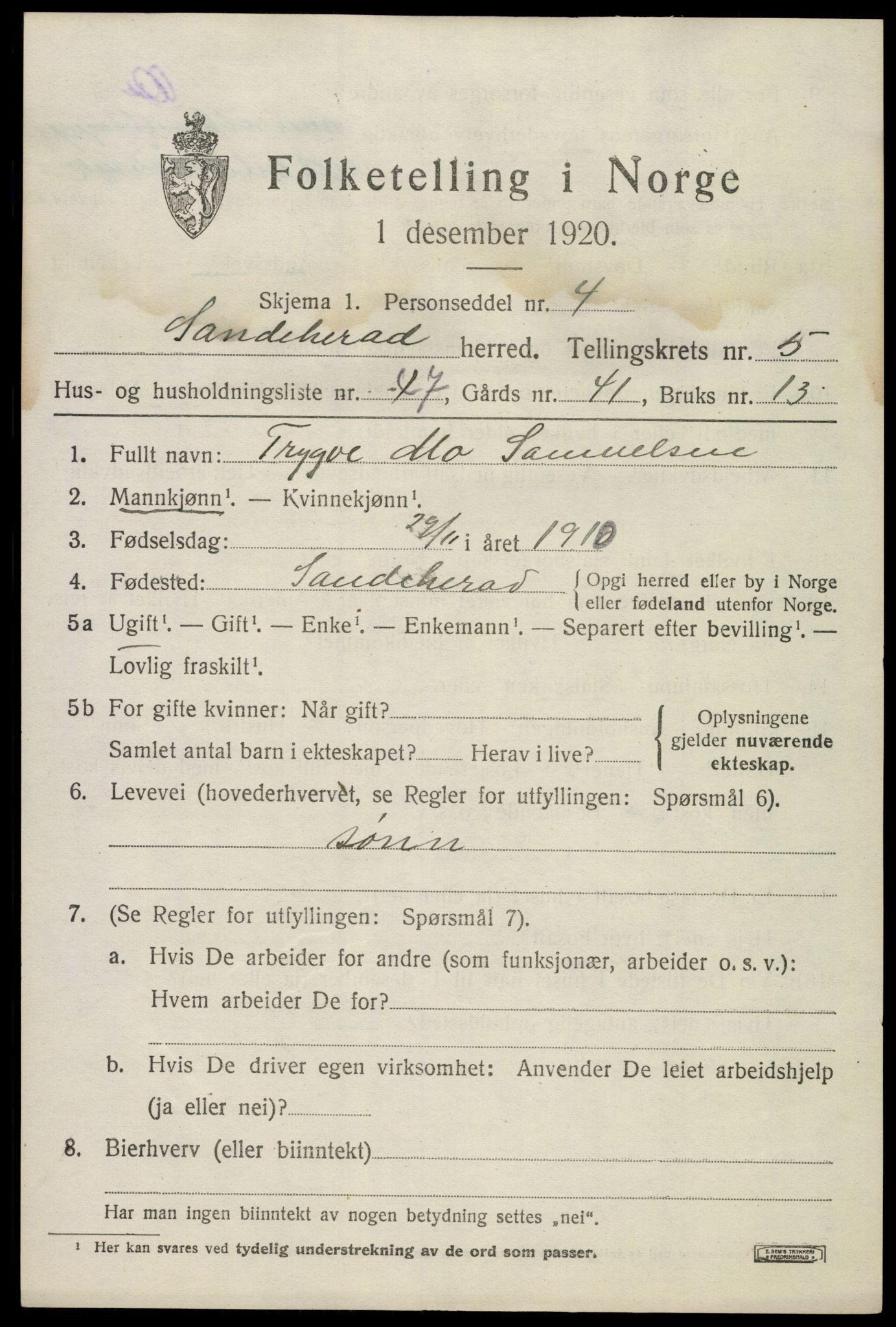 SAKO, 1920 census for Sandeherred, 1920, p. 8616