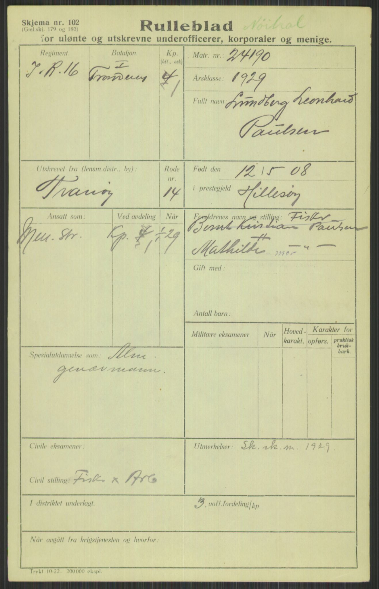 Forsvaret, Troms infanteriregiment nr. 16, AV/RA-RAFA-3146/P/Pa/L0013/0004: Rulleblad / Rulleblad for regimentets menige mannskaper, årsklasse 1929, 1929, p. 1015