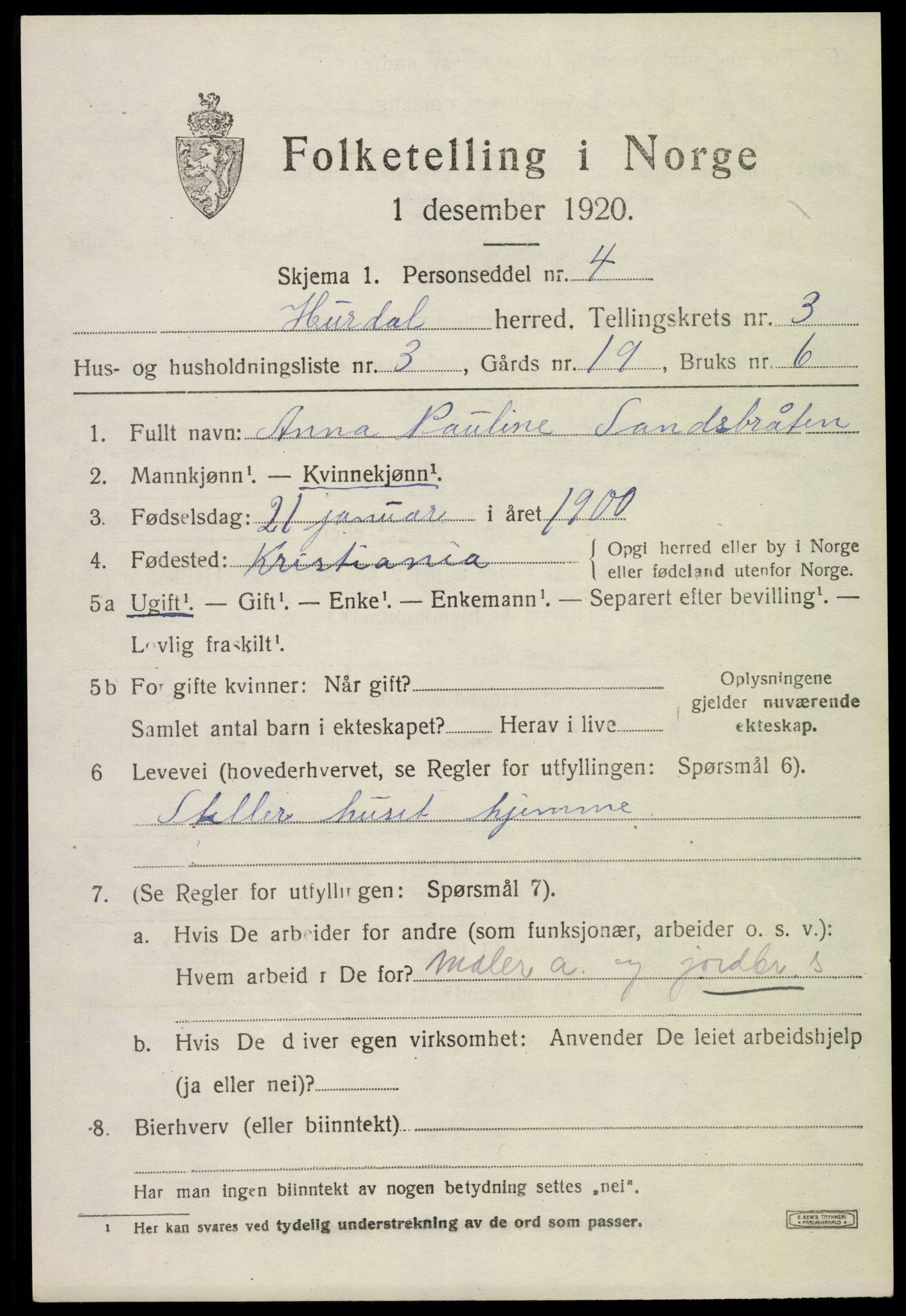 SAO, 1920 census for Hurdal, 1920, p. 2266