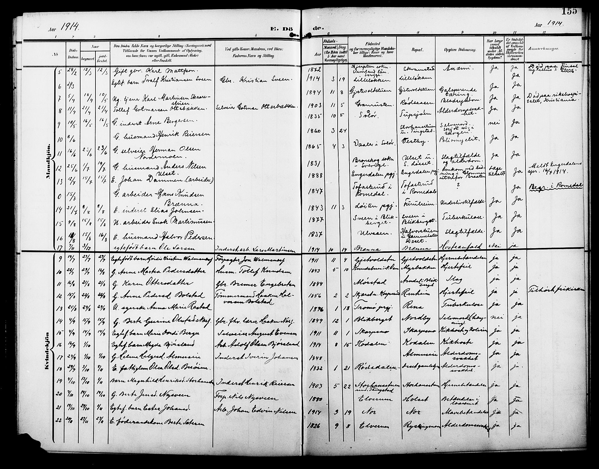 Åmot prestekontor, Hedmark, AV/SAH-PREST-056/H/Ha/Hab/L0004: Parish register (copy) no. 4, 1905-1920, p. 155