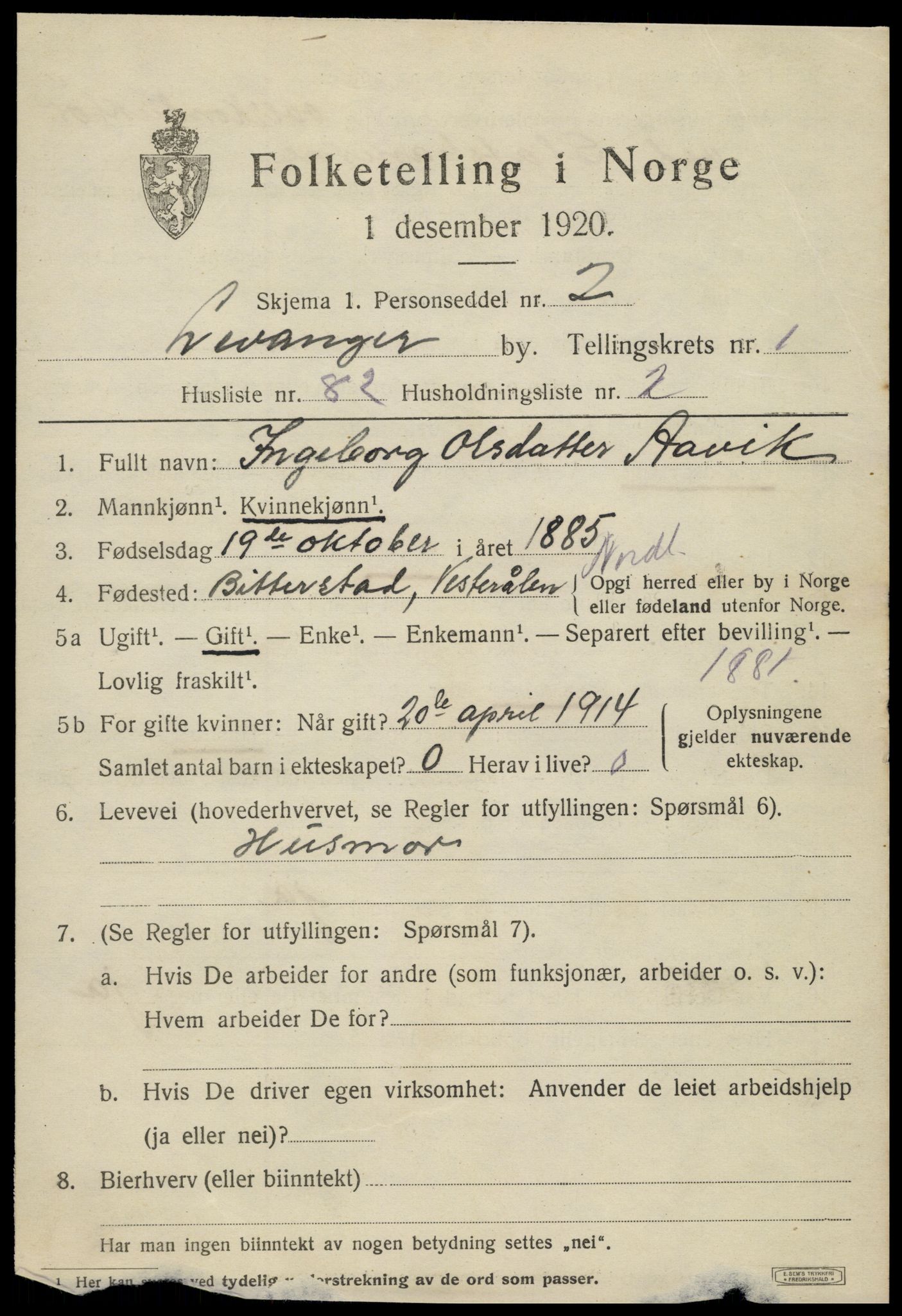 SAT, 1920 census for Levanger town, 1920, p. 2786