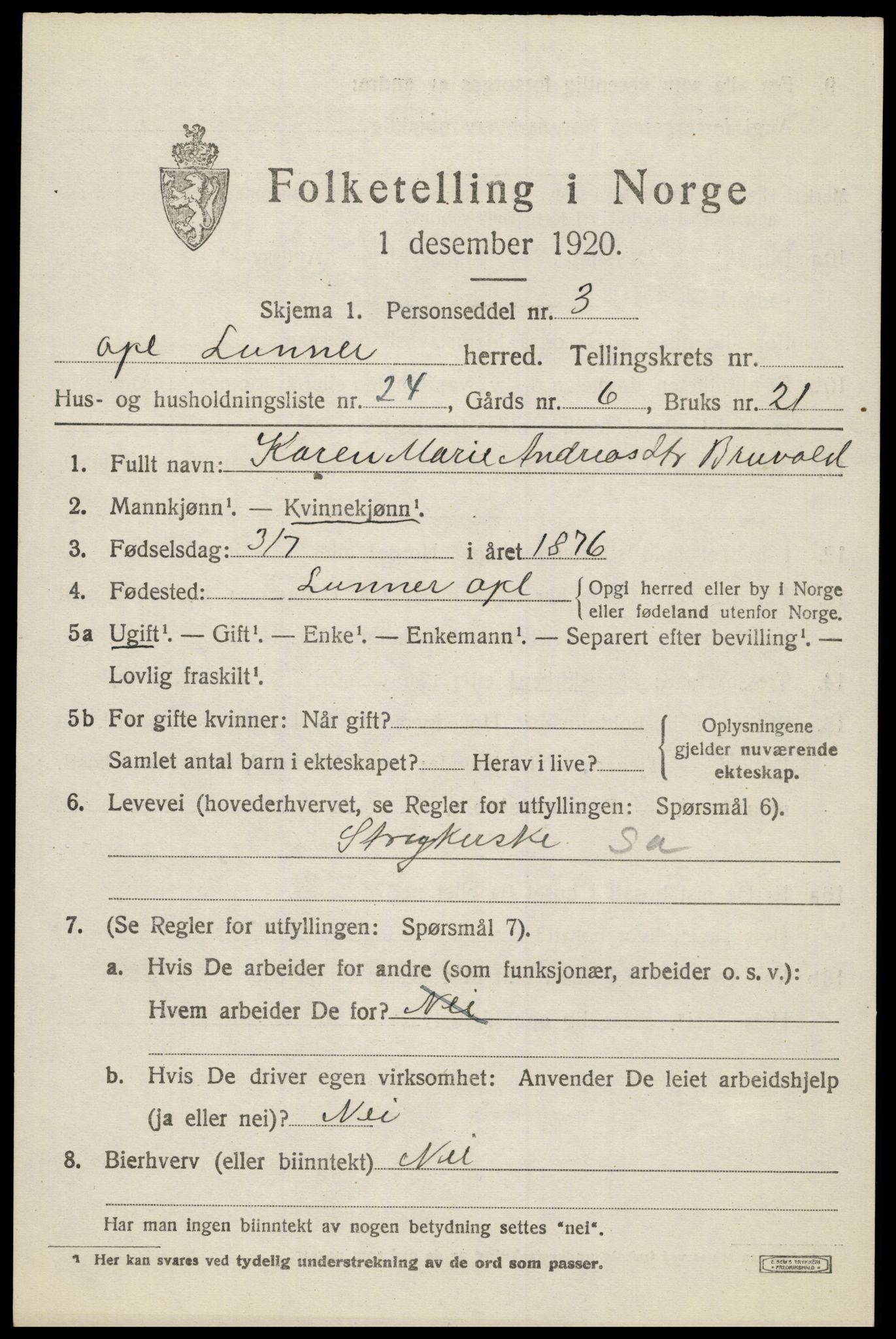 SAH, 1920 census for Lunner, 1920, p. 1915