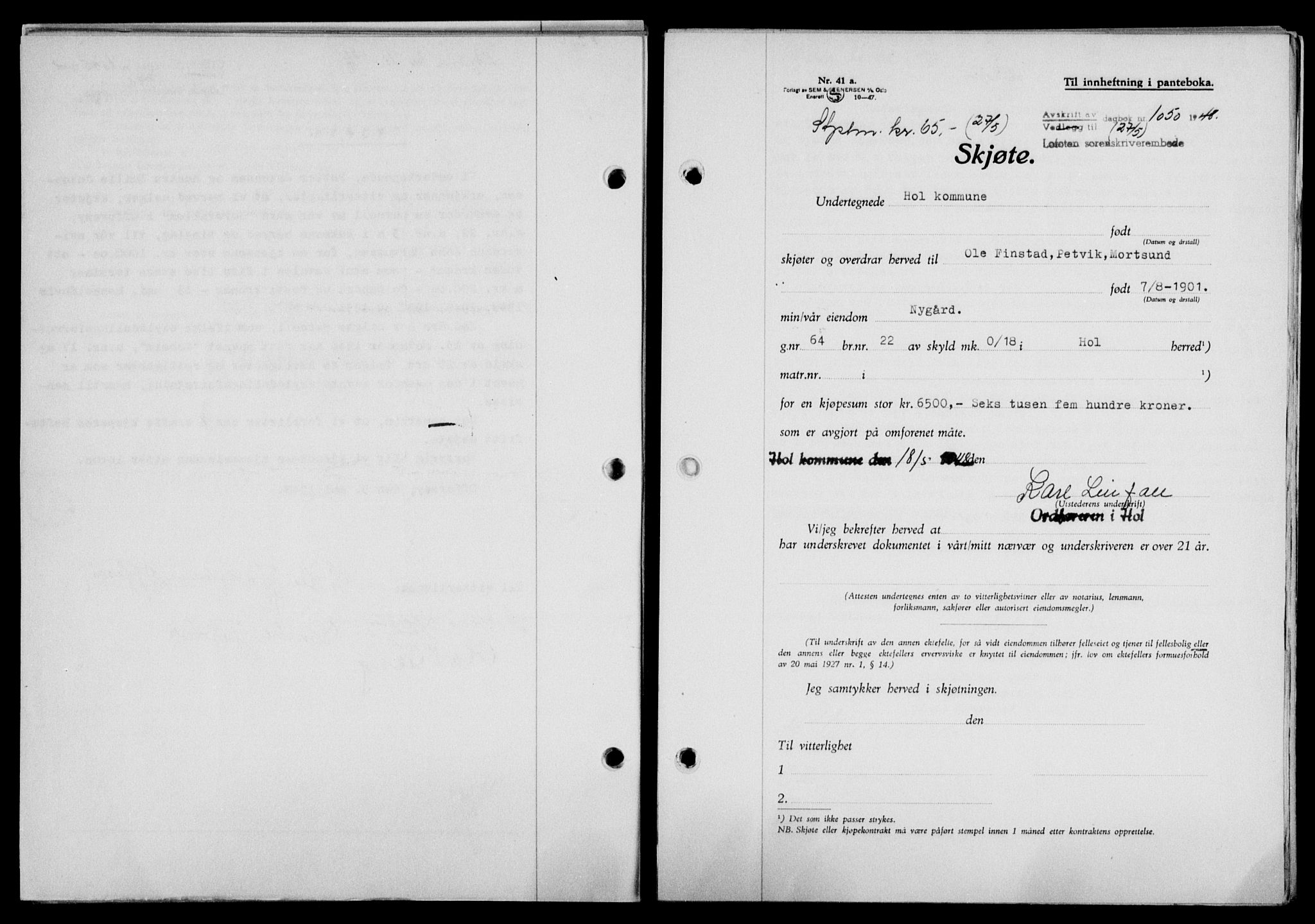 Lofoten sorenskriveri, SAT/A-0017/1/2/2C/L0018a: Mortgage book no. 18a, 1948-1948, Diary no: : 1050/1948