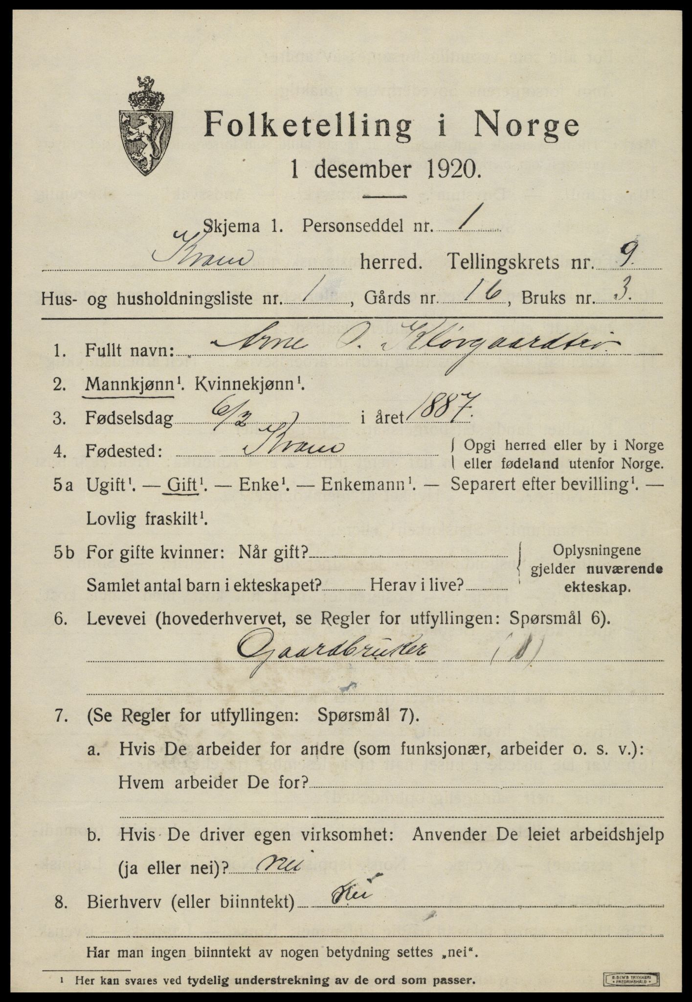 SAT, 1920 census for Kvam, 1920, p. 2331