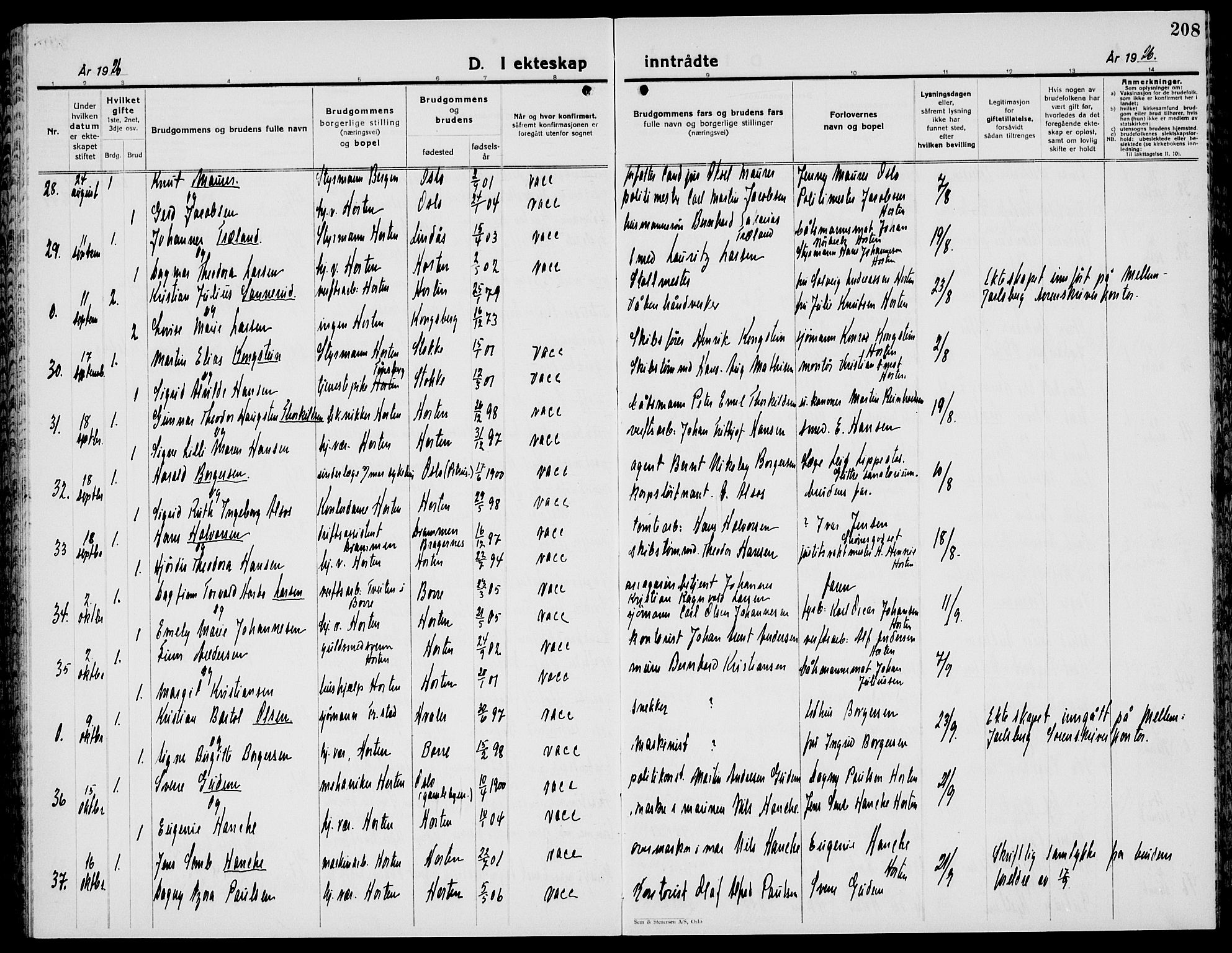 Horten kirkebøker, AV/SAKO-A-348/G/Ga/L0009: Parish register (copy) no. 9, 1926-1936, p. 208