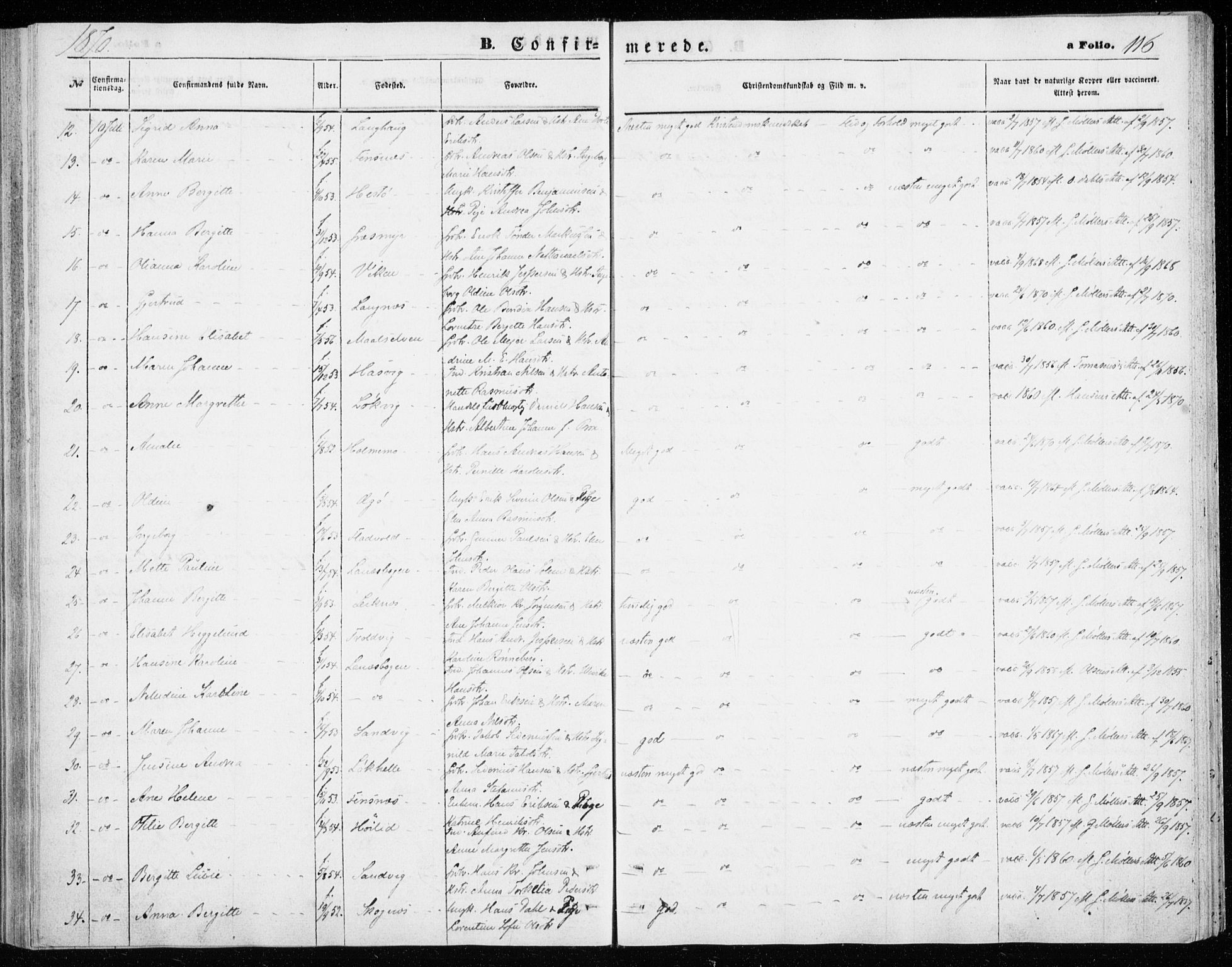 Lenvik sokneprestembete, AV/SATØ-S-1310/H/Ha/Haa/L0009kirke: Parish register (official) no. 9, 1866-1873, p. 116