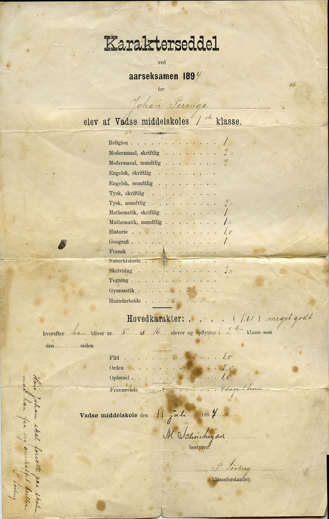 Johan Beronkas testamentariske gave, FMFB/A-1098/E/L0001: Karakterseddel for Johan Beronka, Vadsø middelskole 1. klasse, 1894, p. 1