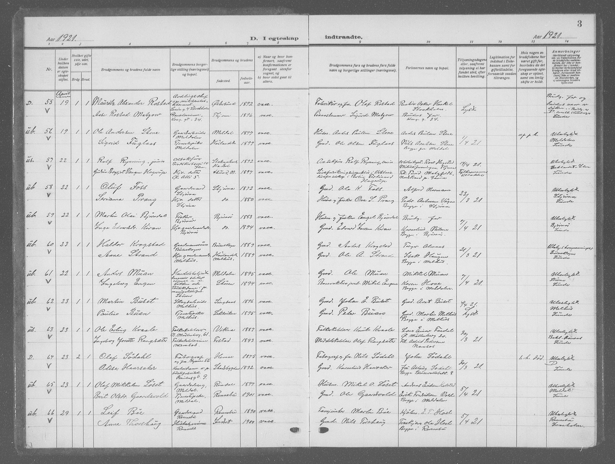 Ministerialprotokoller, klokkerbøker og fødselsregistre - Sør-Trøndelag, SAT/A-1456/601/L0098: Parish register (copy) no. 601C16, 1921-1934, p. 3