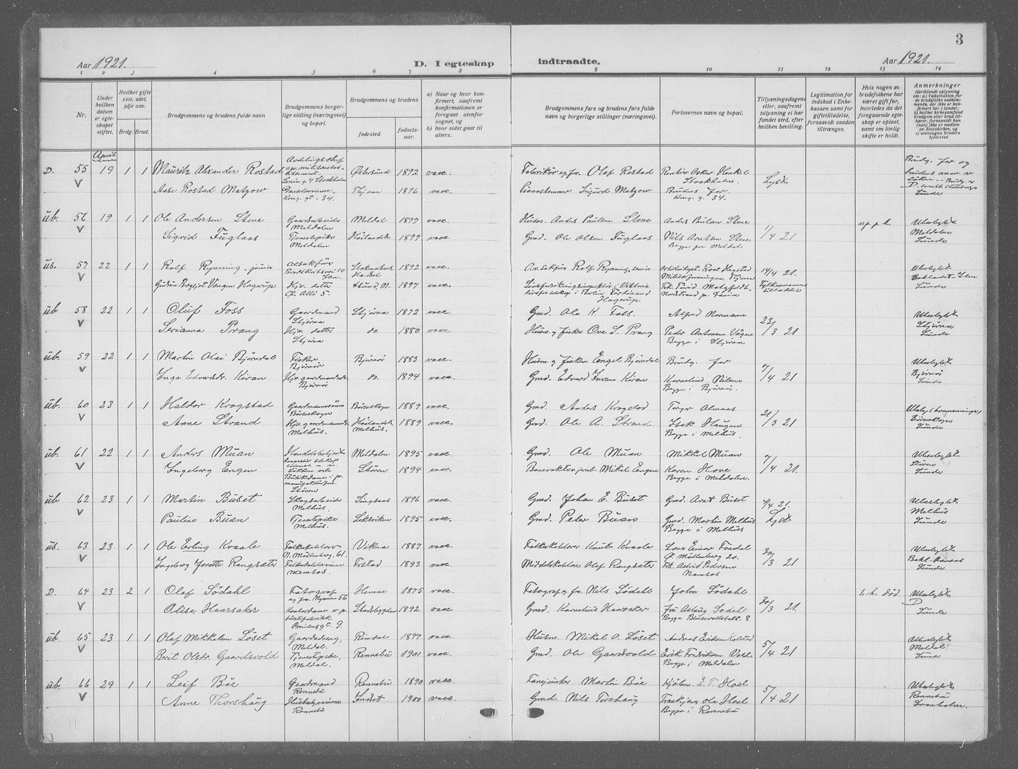 Ministerialprotokoller, klokkerbøker og fødselsregistre - Sør-Trøndelag, AV/SAT-A-1456/601/L0098: Parish register (copy) no. 601C16, 1921-1934, p. 3