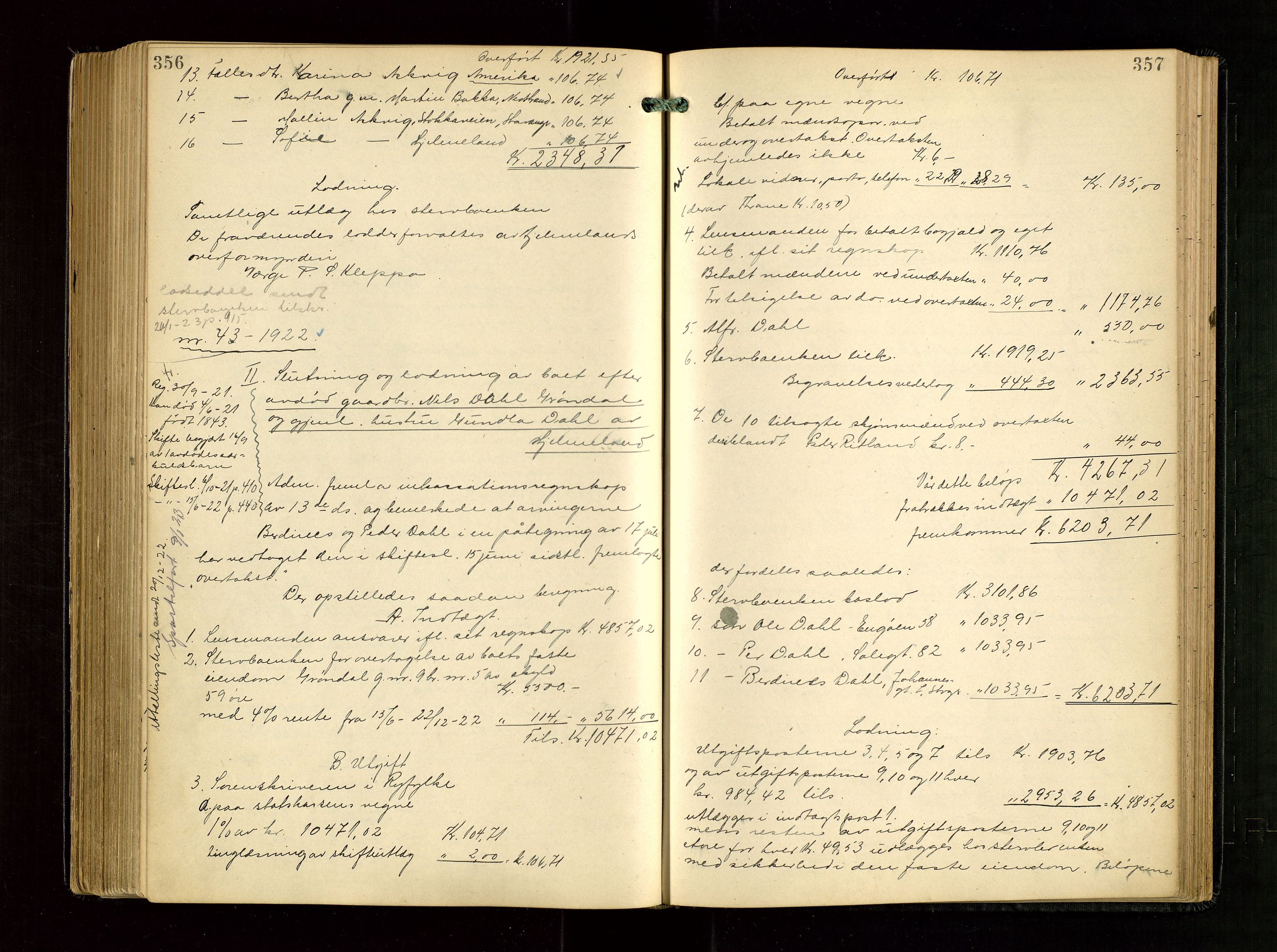 Ryfylke tingrett, AV/SAST-A-100055/001/IV/IVG/L0005: Skifteudlodningsprotokoll Med register, 1918-1924, p. 356-357