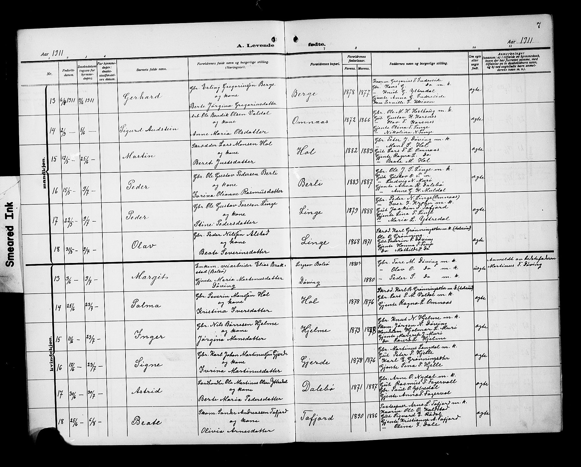 Ministerialprotokoller, klokkerbøker og fødselsregistre - Møre og Romsdal, SAT/A-1454/519/L0265: Parish register (copy) no. 519C06, 1911-1921, p. 7