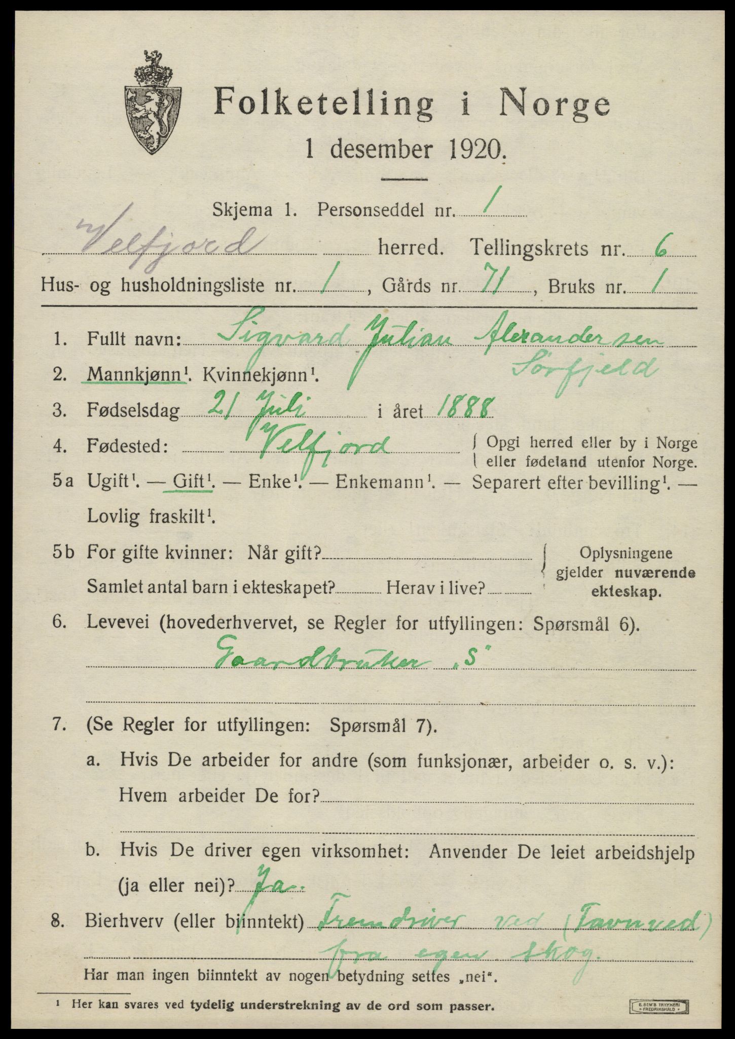 SAT, 1920 census for Velfjord, 1920, p. 3395