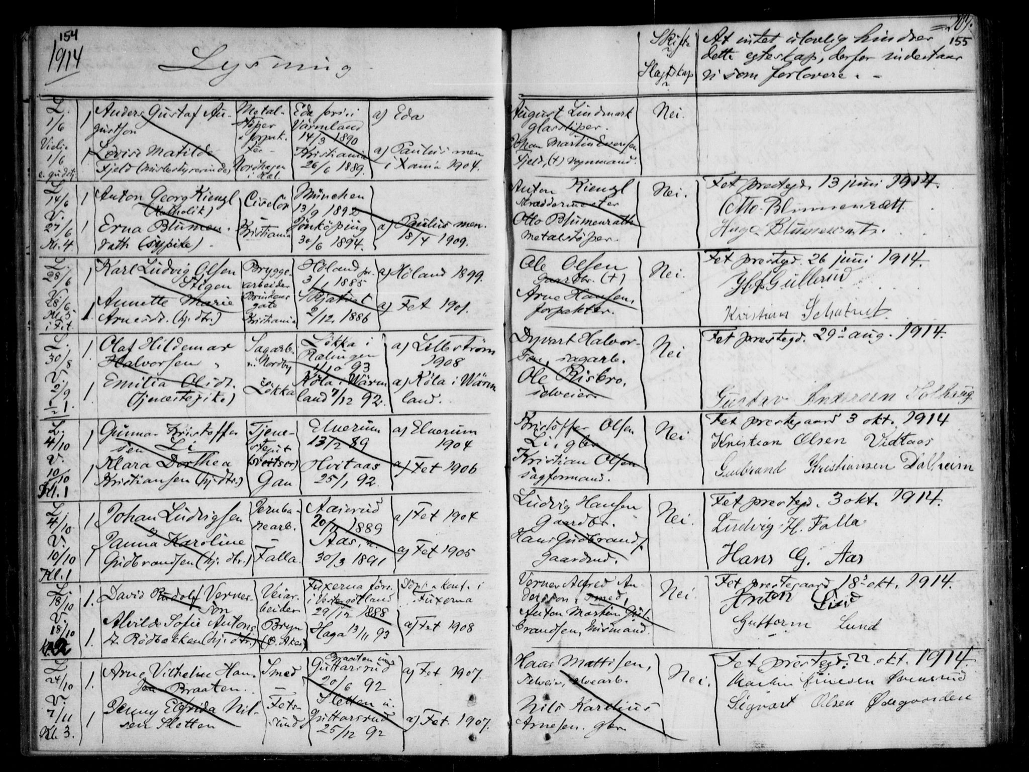 Fet prestekontor Kirkebøker, AV/SAO-A-10370a/H/Ha/L0001: Banns register no. 1, 1906-1919, p. 154-155