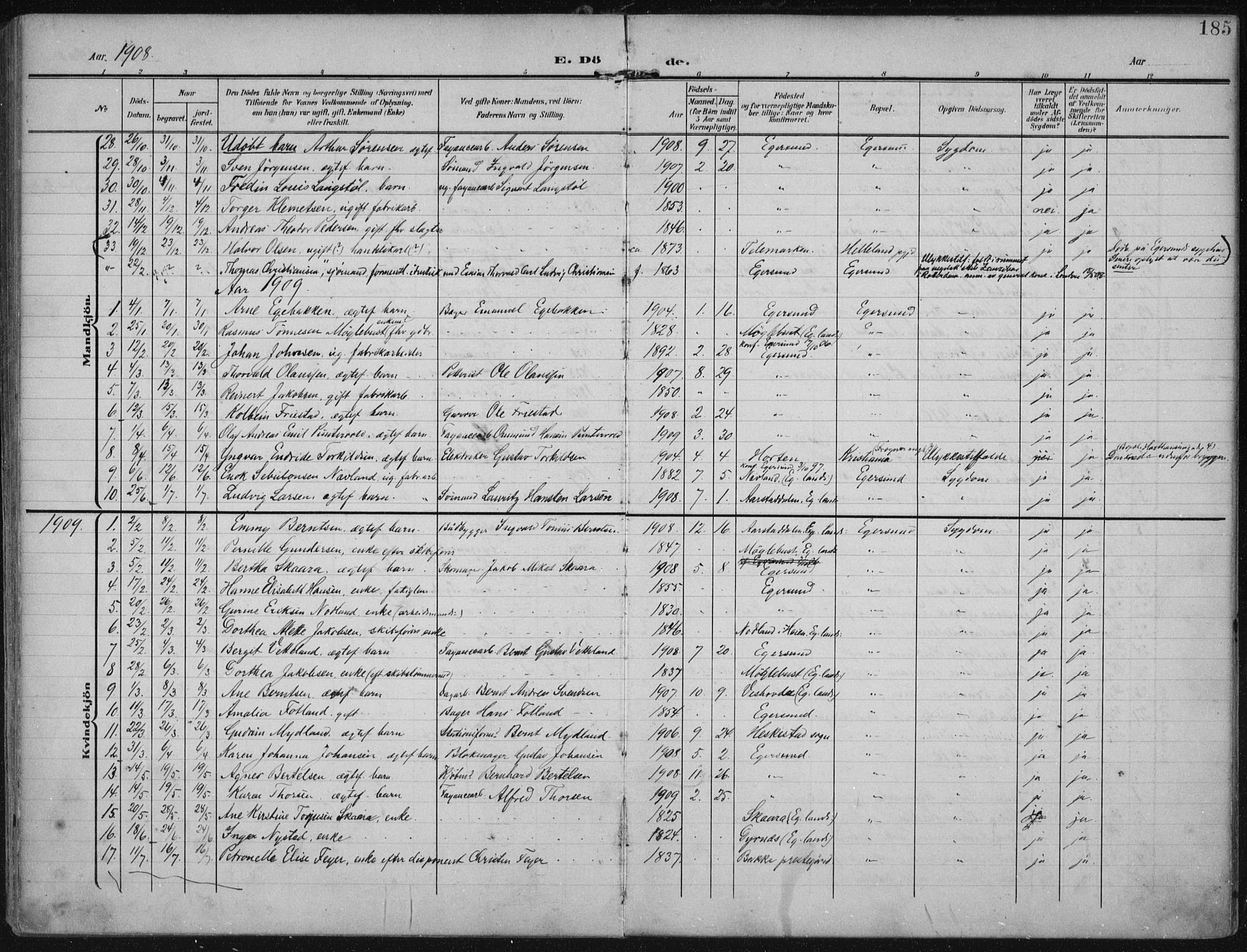 Eigersund sokneprestkontor, SAST/A-101807/S08/L0022: Parish register (official) no. A 21, 1905-1928, p. 185