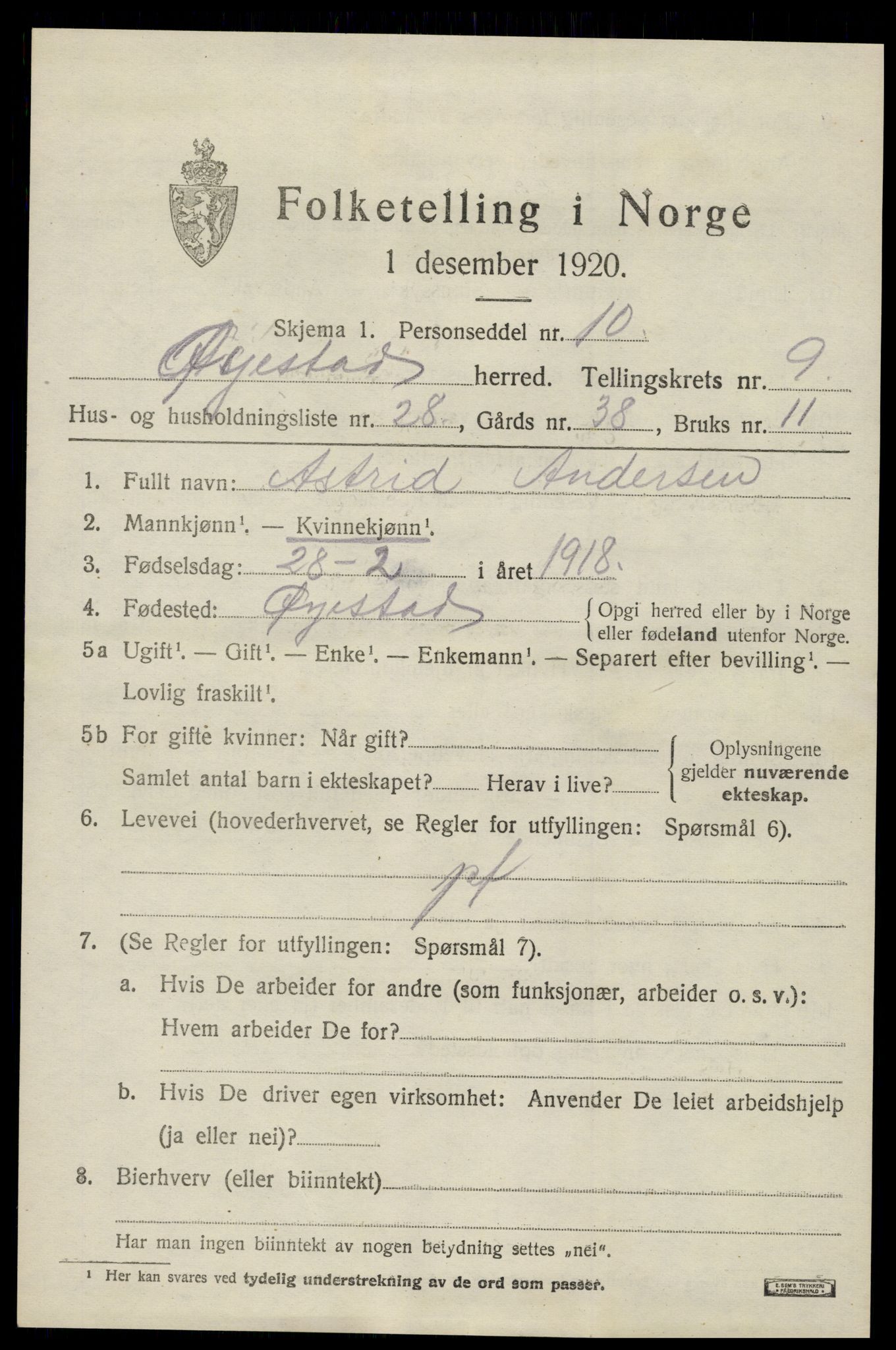SAK, 1920 census for Øyestad, 1920, p. 6210