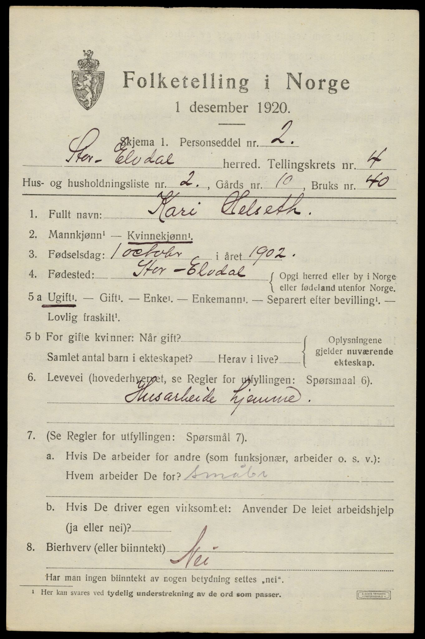 SAH, 1920 census for Stor-Elvdal, 1920, p. 3512