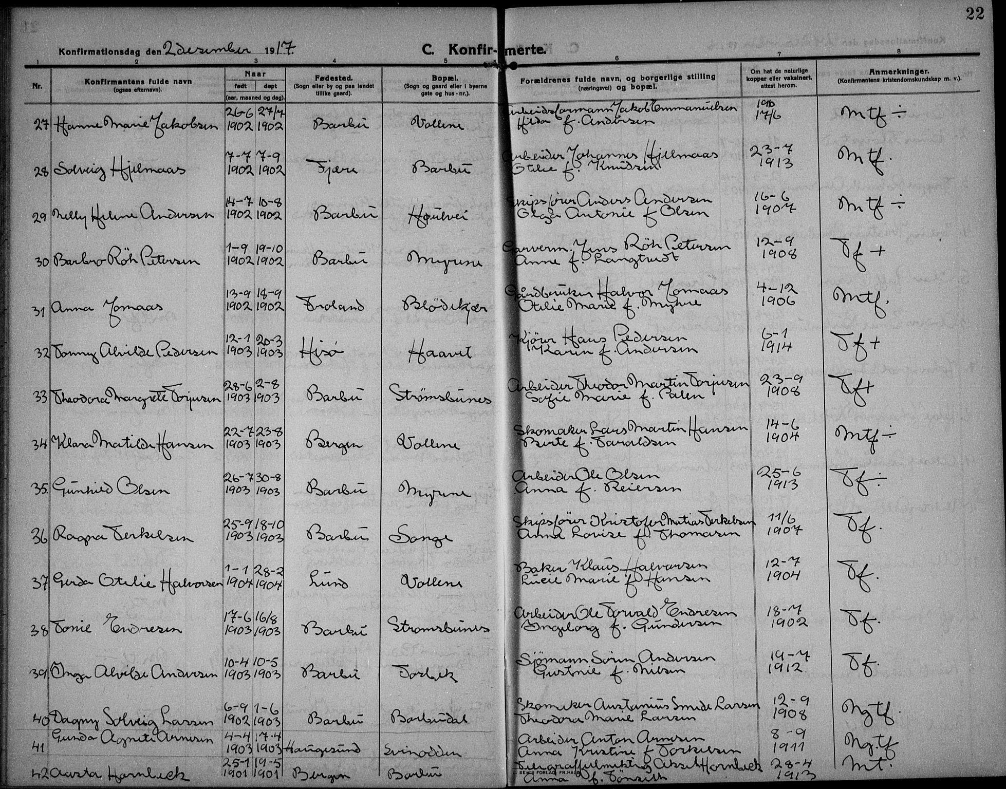 Barbu sokneprestkontor, AV/SAK-1111-0003/F/Fb/L0004: Parish register (copy) no. B 4, 1911-1936, p. 22