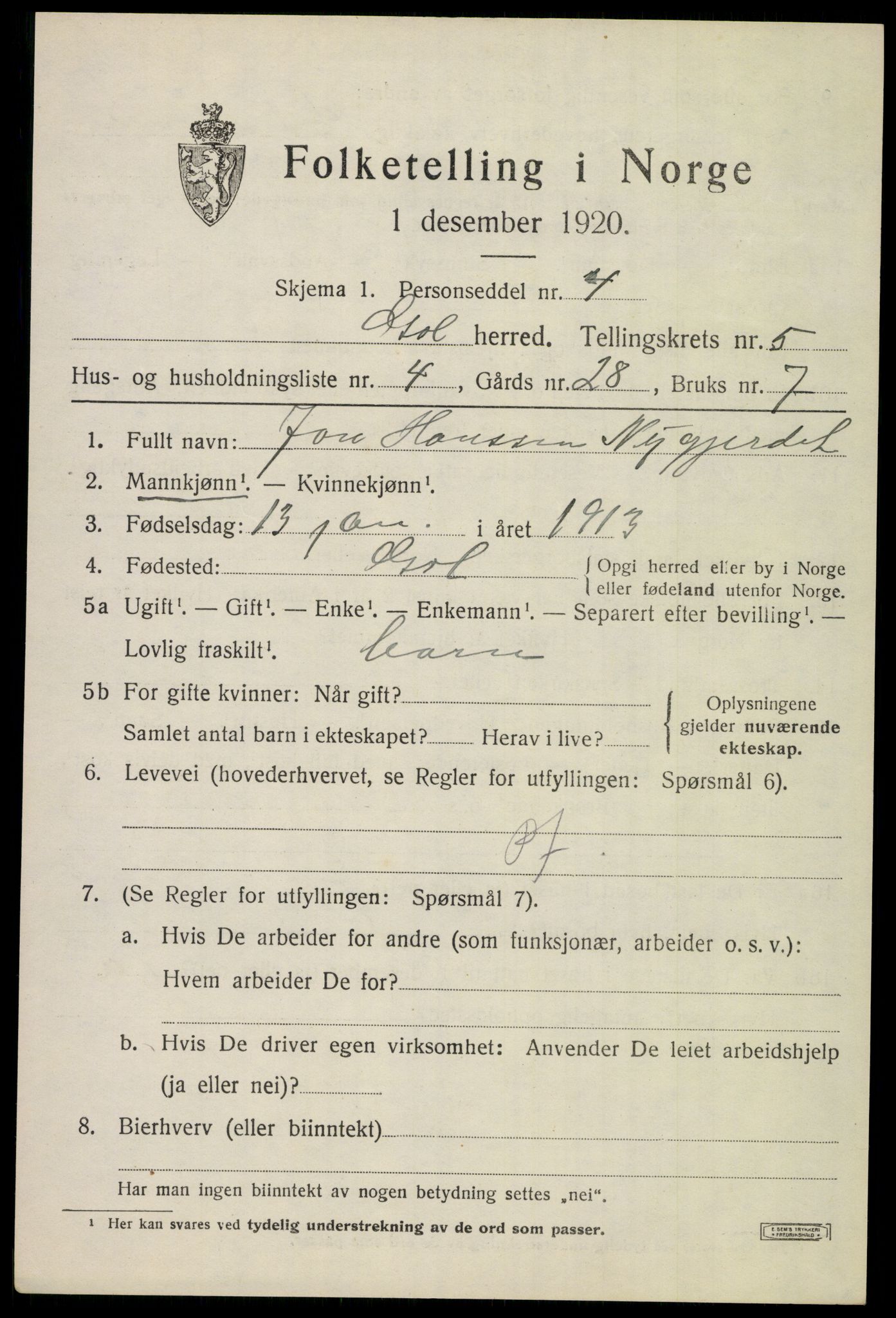 SAKO, 1920 census for Gol, 1920, p. 3556