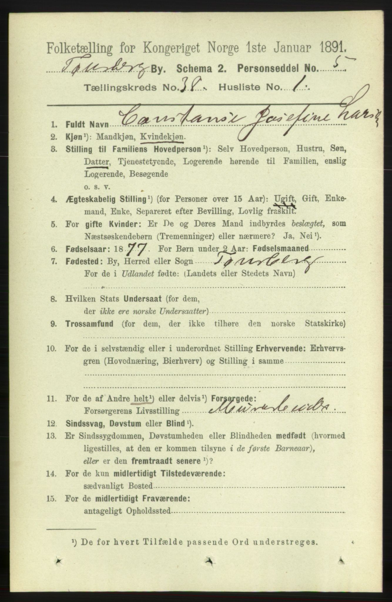 RA, 1891 census for 0705 Tønsberg, 1891, p. 8087